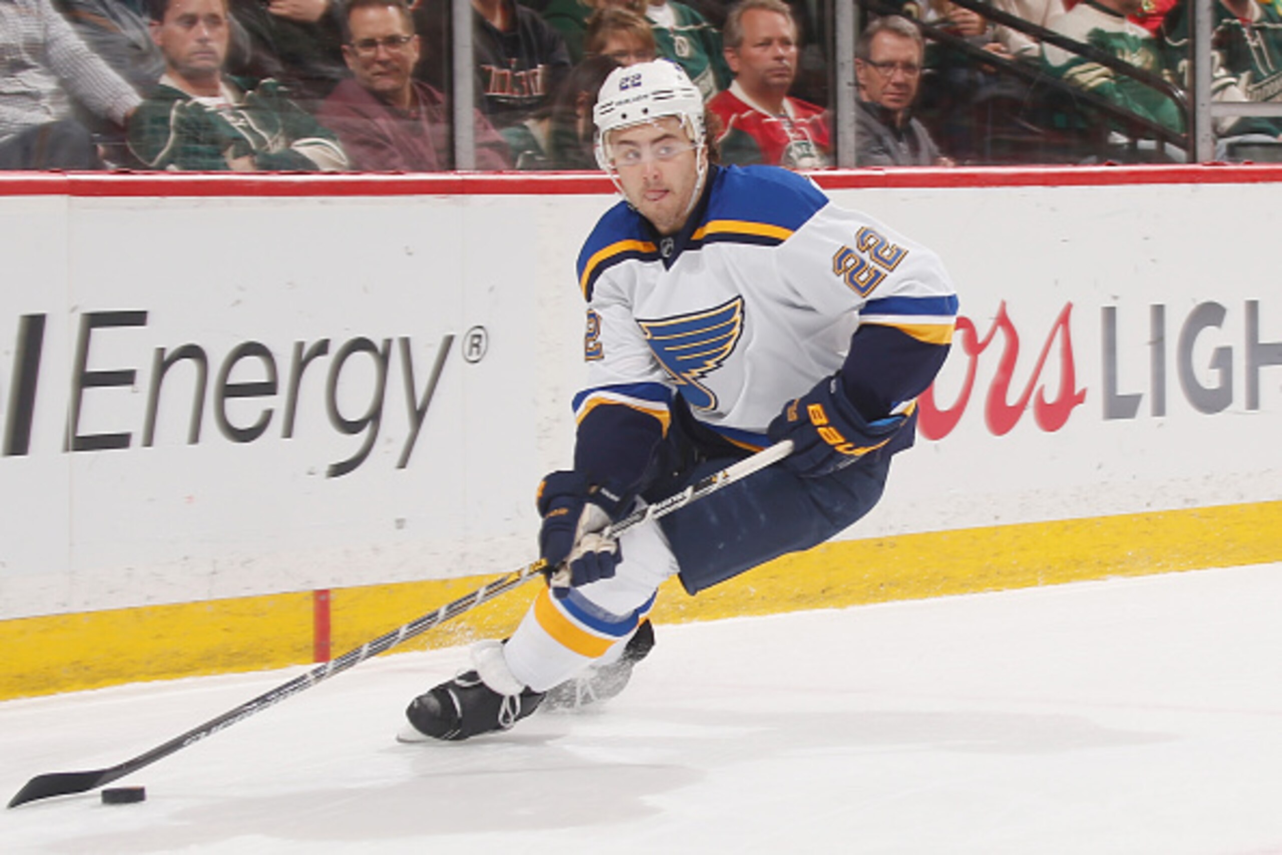 ST. PAUL, MN - APRIL 22: Kevin Shattenkirk #22 of the St. Louis Blues skates with the puck against the Minnesota Wild in Game Four of the Western Conference Quarterfinals during the 2015 NHL Stanley Cup Playoffs on April 22, 2015 at the Xcel Energy Center