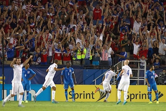 FRISCO, TX - JULY 07:  Clint Dempsey #8 of USA celebrates after scoring against Honduras during the 2015 CONCACAF Gold Cup Group A match between USA and Honduras at Toyota Stadium on July 7, 2015 in Frisco, Texas.  (Photo by Tom Pennington/Getty Images)