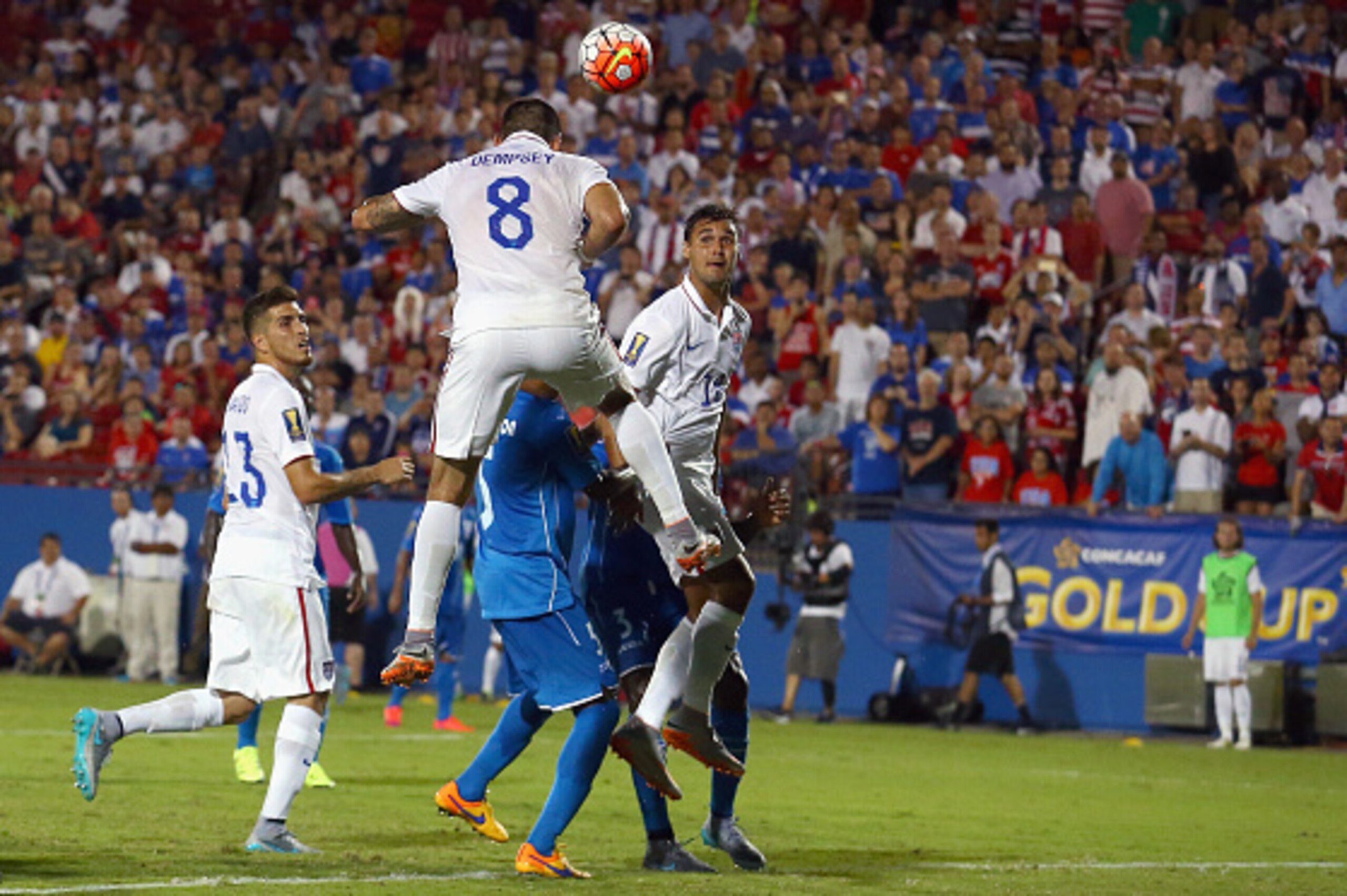 FRISCO, TX - JULY 07: Clint Dempsey #8 of USA scores against Donis Escober #22 of Honduras during the 2015 CONCACAF Gold Cup Group A match between USA and Honduras at Toyota Stadium on July 7, 2015 in Frisco, Texas. (Photo by Tom Pennington/Getty Images FRISCO, TX - JULY 07: Clint Dempsey #8 of USA scores against Donis Escober #22 of Honduras during the 2015 CONCACAF Gold Cup Group A match between USA and Honduras at Toyota Stadium on July 7, 2015 in Frisco, Texas. (Photo by Tom Pennington/Getty Images