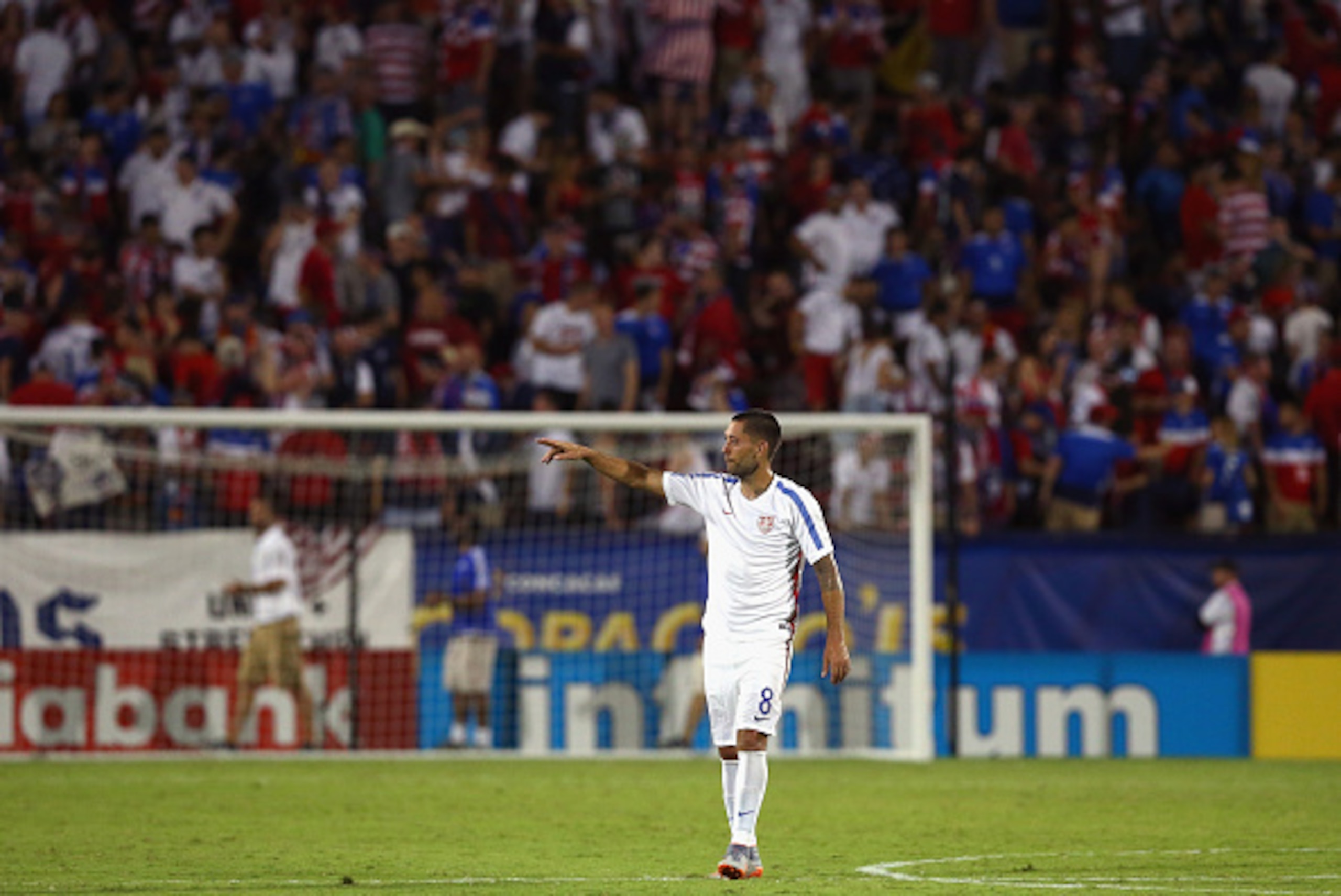 FRISCO, TX - JULY 07: Clint Dempsey #8 of USA celebrates with fans after USA beat Honduras 2-1 during the 2015 CONCACAF Gold Cup Group A match between USA and Honduras at Toyota Stadium on July 7, 2015 in Frisco, Texas. (Photo by Tom Pennington/Getty Im FRISCO, TX - JULY 07: Clint Dempsey #8 of USA celebrates with fans after USA beat Honduras 2-1 during the 2015 CONCACAF Gold Cup Group A match between USA and Honduras at Toyota Stadium on July 7, 2015 in Frisco, Texas. (Photo by Tom Pennington/Getty Im