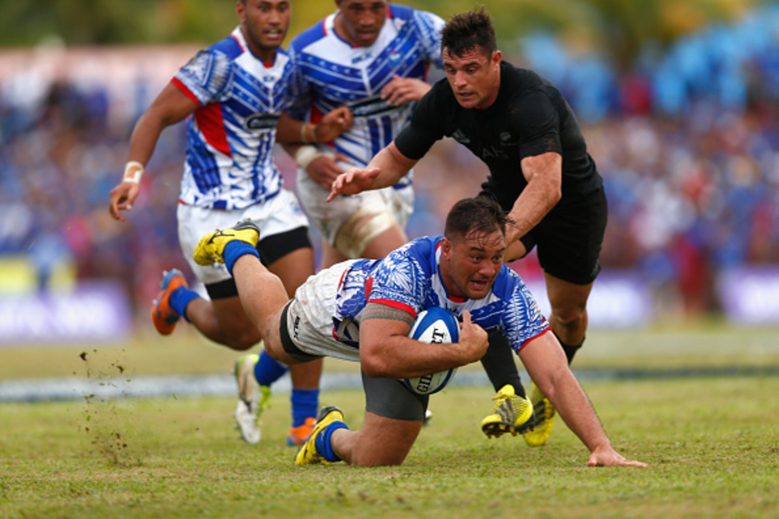 APIA, SAMOA - JULY 08:  Jack Lam of Manu Samoa  goes to ground during the International Test match between Samoa and the New Zealand All Blacks at Apia Stadium on July 8, 2015 in Apia, Samoa.  (Photo by Phil Walter/Getty Images)