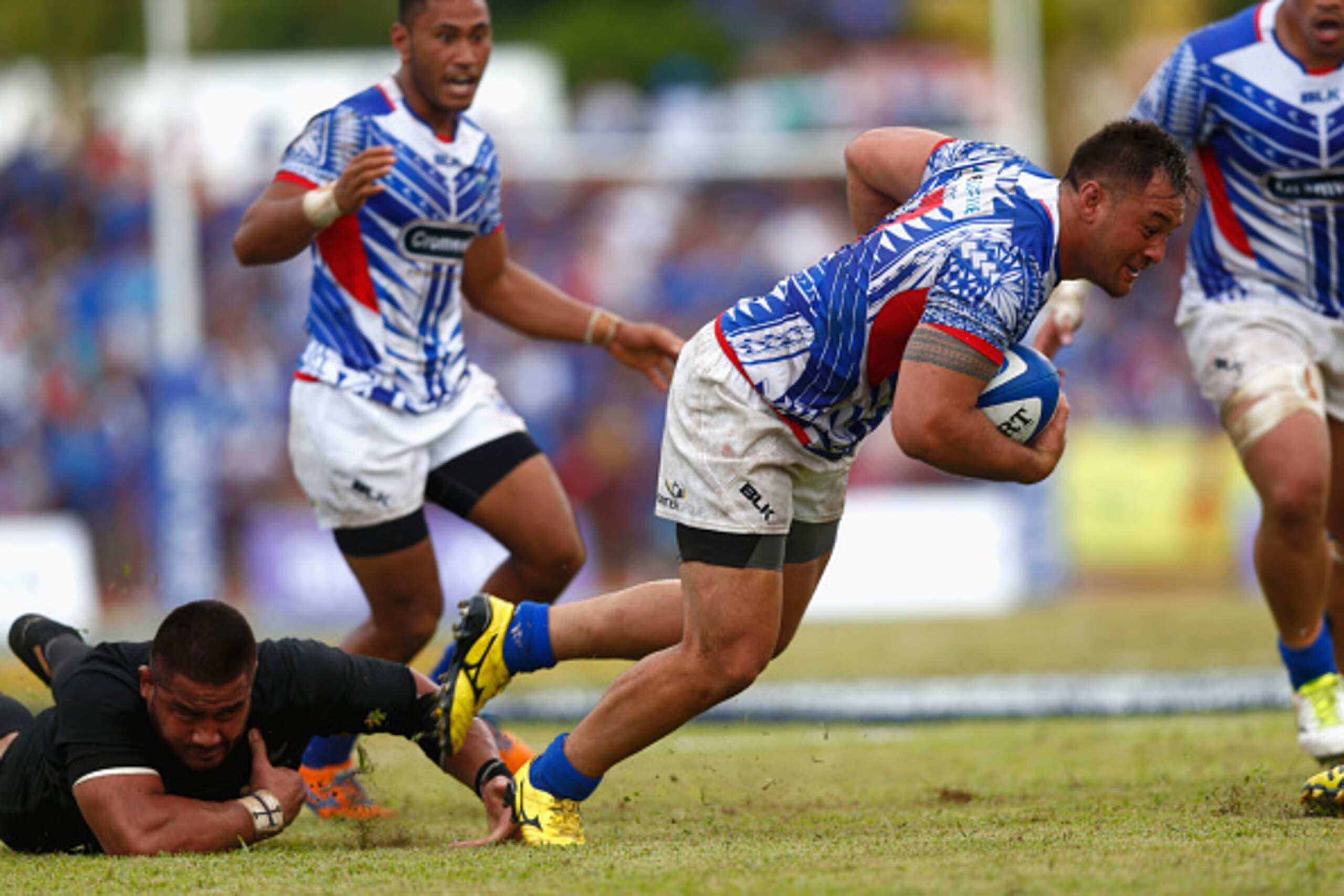 APIA, SAMOA - JULY 08:  Jack Lam of Manu Samoa  goes to ground during the International Test match between Samoa and the New Zealand All Blacks at Apia Stadium on July 8, 2015 in Apia, Samoa.  (Photo by Phil Walter/Getty Images)