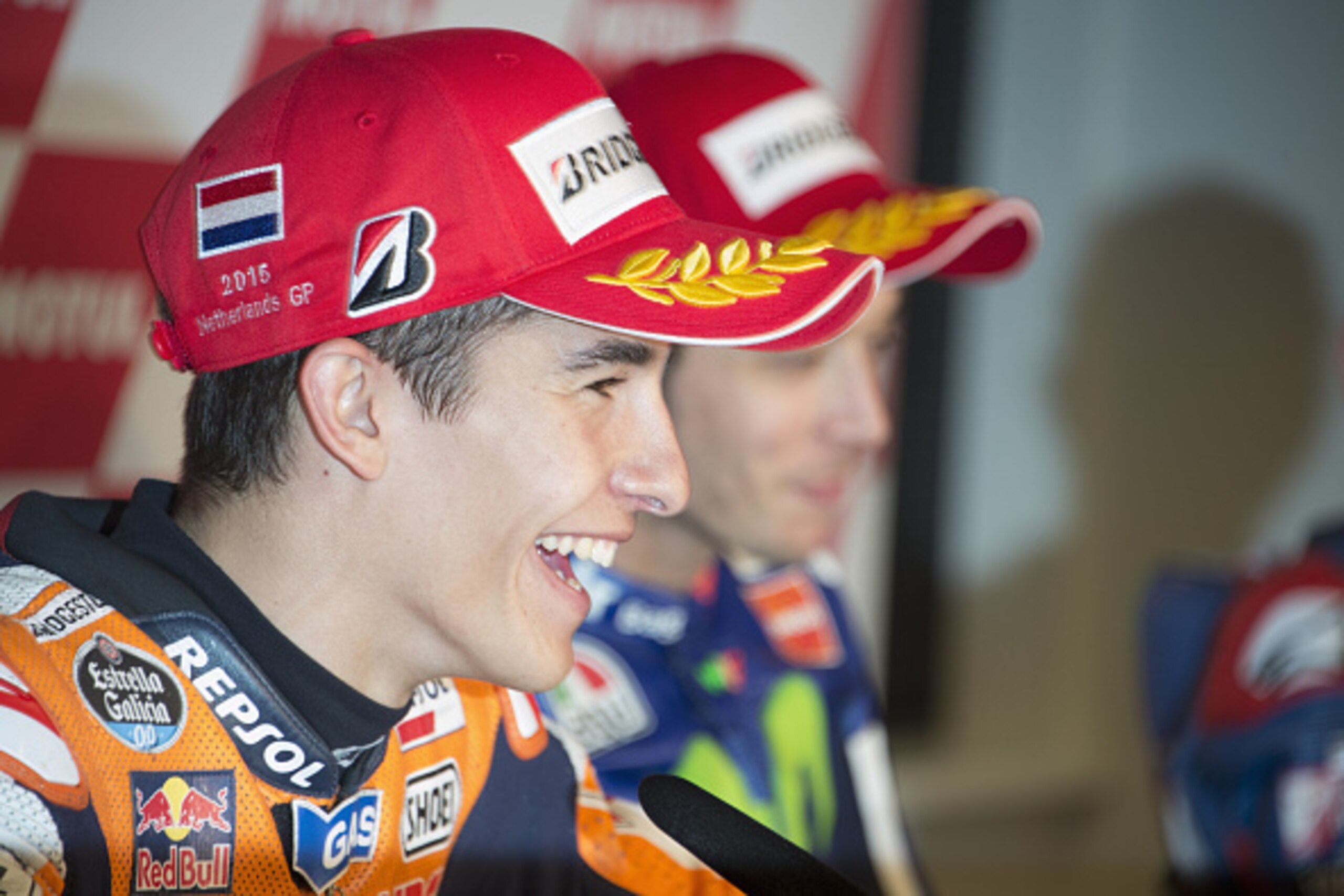 ASSEN, NETHERLANDS - JUNE 27:  Marc Marquez of Spain and Repsol Honda Teamsmiles during the press conference at the end of the MotoGP race during the MotoGP Netherlands - Race at  on June 27, 2015 in Assen, Netherlands.  (Photo by Mirco Lazzari gp/Getty I