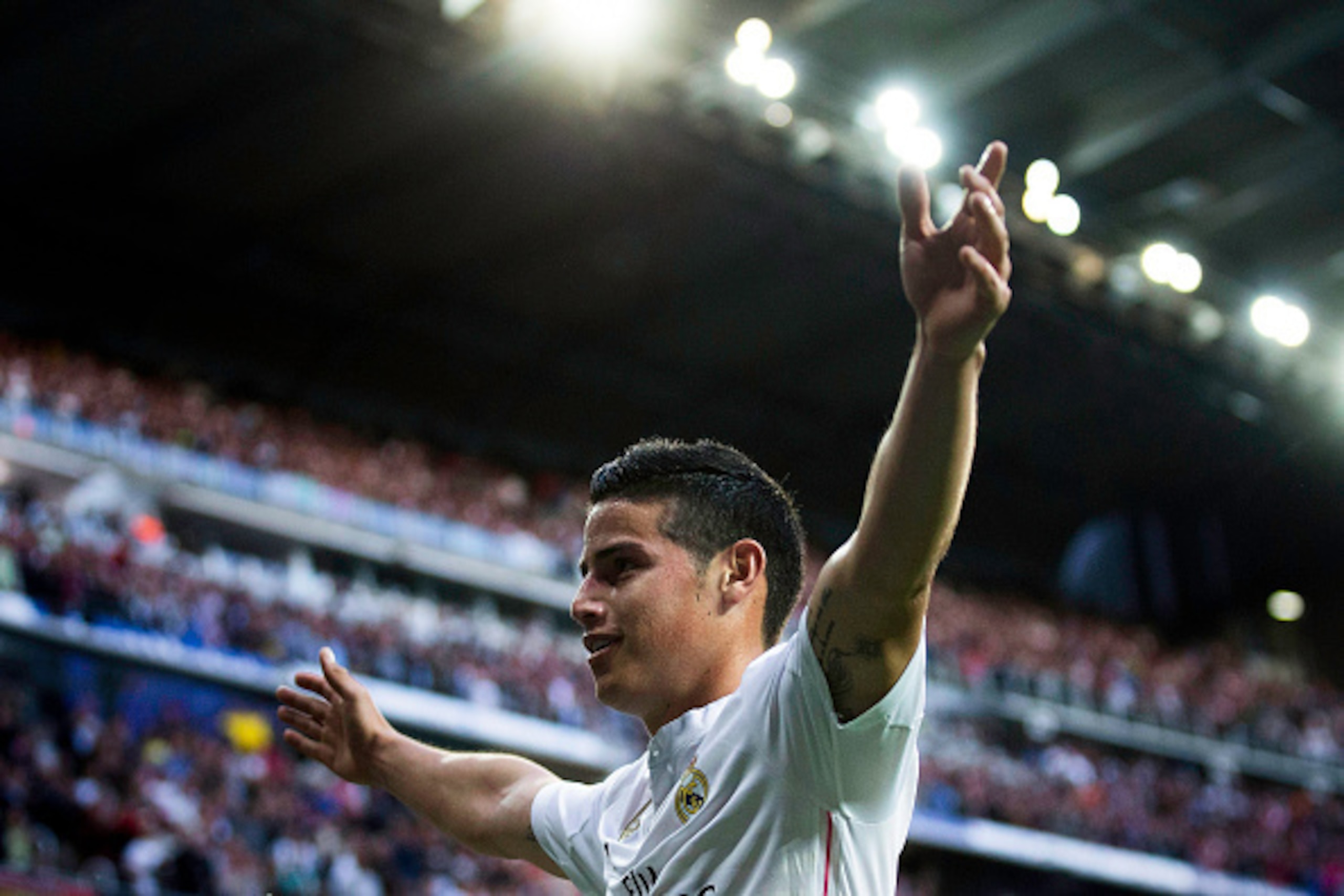 MADRID, SPAIN - APRIL 29: James Rodriguez of Real Madrid CF celebrates scoring their opening goal during the La Liga match between Real Madrid CF and UD Almeria at Estadio Santiago Bernabeu on April 29, 2015 in Madrid, Spain. (Photo by Gonzalo Arroyo Mo MADRID, SPAIN - APRIL 29: James Rodriguez of Real Madrid CF celebrates scoring their opening goal during the La Liga match between Real Madrid CF and UD Almeria at Estadio Santiago Bernabeu on April 29, 2015 in Madrid, Spain. (Photo by Gonzalo Arroyo Mo