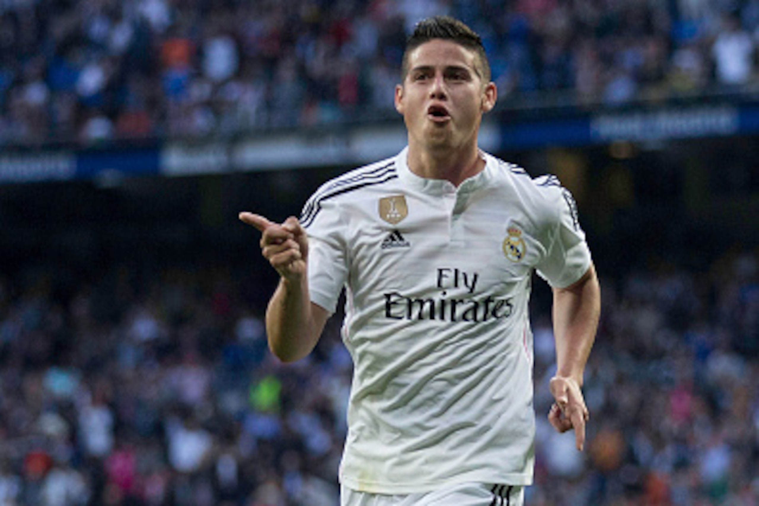 MADRID, SPAIN - APRIL 29: James Rodriguez of Real Madrid CF celebrates scoring their opening goal during the La Liga match between Real Madrid CF and UD Almeria at Estadio Santiago Bernabeu on April 29, 2015 in Madrid, Spain. (Photo by Gonzalo Arroyo Mo MADRID, SPAIN - APRIL 29: James Rodriguez of Real Madrid CF celebrates scoring their opening goal during the La Liga match between Real Madrid CF and UD Almeria at Estadio Santiago Bernabeu on April 29, 2015 in Madrid, Spain. (Photo by Gonzalo Arroyo Mo
