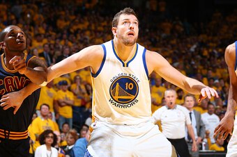 OAKLAND, CA - JUNE 14: David Lee #10 of the Golden State Warriors boxes out James Jones #1 of the Cleveland Cavaliers during Game Five of the 2015 NBA Finals on June 14, 2015 at Oracle Arena in Oakland, California. NOTE TO USER: User expressly acknowledge