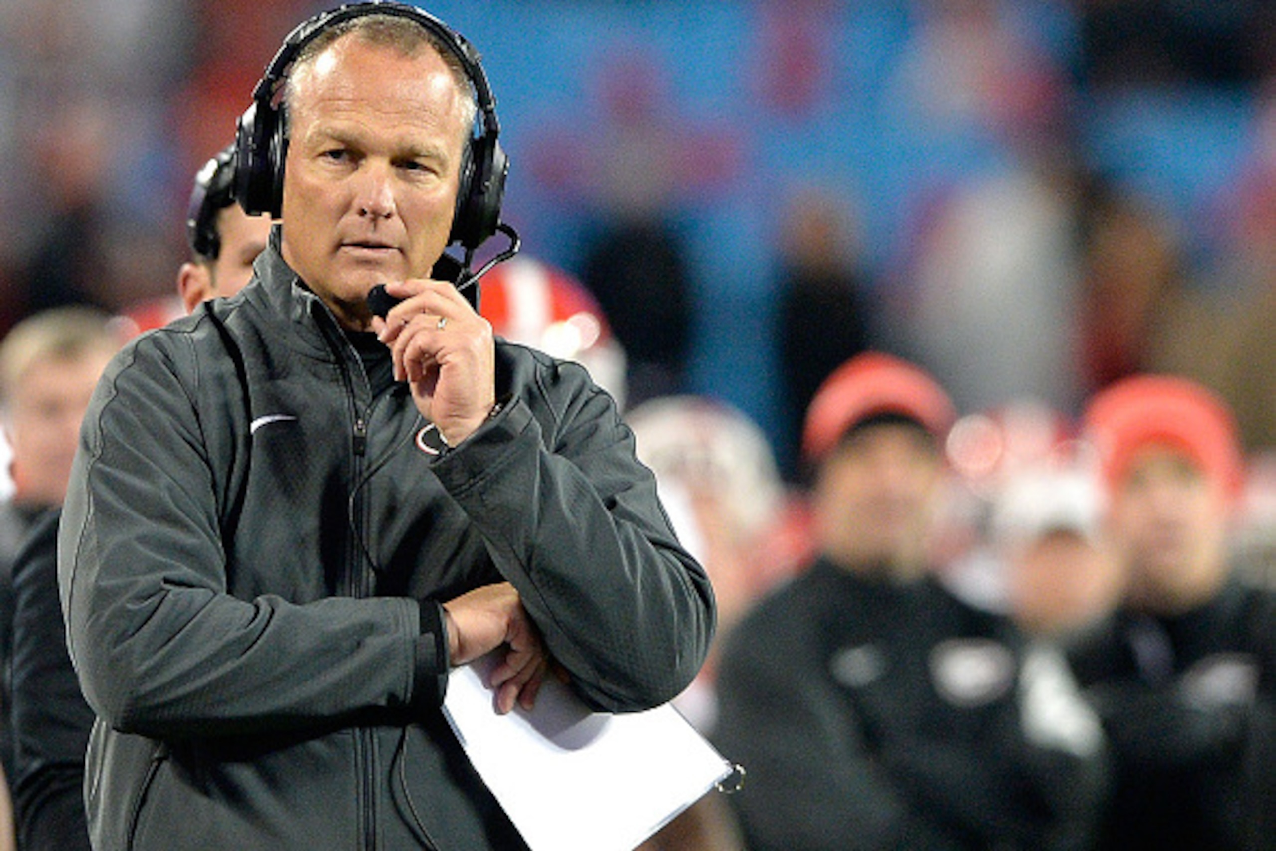 CHARLOTTE, NC - DECEMBER 30:  Head coach Mark Richt of the Georgia Bulldogs  watches his team play against the Louisville Cardinals during the Belk Bowl at Bank of America Stadium on December 30, 2014 in Charlotte, North Carolina.  (Photo by Grant Halvers