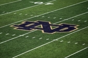 Oct 11, 2014; South Bend, IN, USA; A general view of the monogram on the 50 yard line of Notre Dame Stadium before the game between the Notre Dame Fighting Irish and the North Carolina Tar Heels. Mandatory Credit: Matt Cashore-USA TODAY Sports
