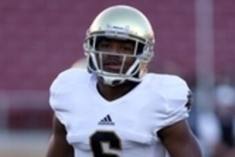 Nov 30, 2013; Stanford, CA, USA; Notre Dame Fighting Irish cornerback KeiVarae Russell (6) warms up before the game against the Stanford Cardinal at Stanford Stadium. Mandatory Credit: Kelley L Cox-USA TODAY Sports