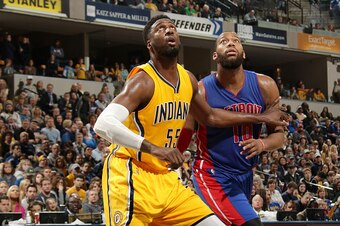 INDIANAPOLIS, IN -  JANUARY 16: Roy Hibbert #55 of the Indiana Pacers looks for the rebound against Greg Monroe #10 of the Detroit Pistons during the game on January 16, 2015 at Bankers Life Fieldhouse in Indianapolis, Indiana. NOTE TO USER: User expressl