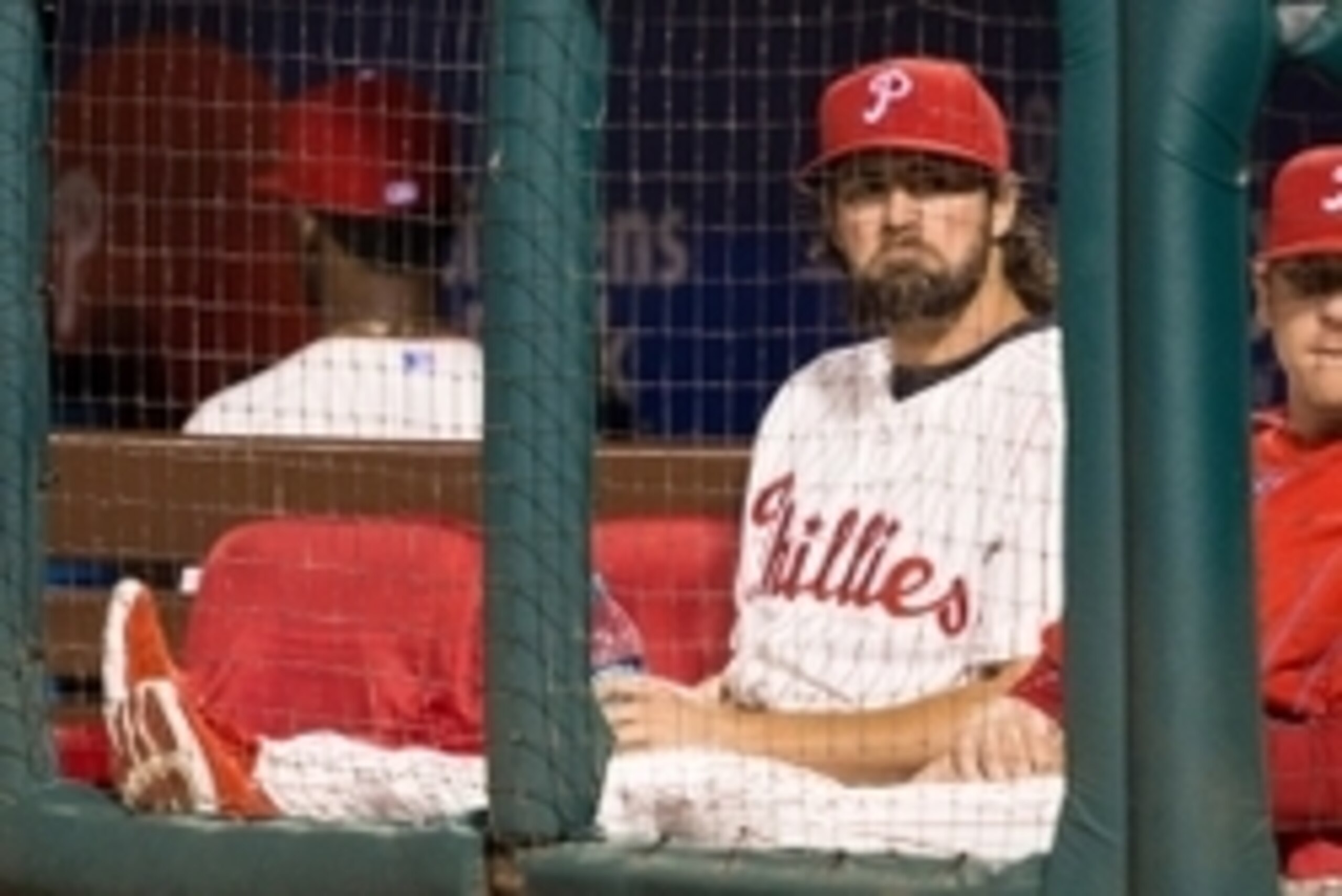 Jun 19, 2015; Philadelphia, PA, USA; Philadelphia Phillies starting pitcher Cole Hamels (35) watches from the dugout against the St. Louis Cardinals at Citizens Bank Park. The St. Louis Cardinals won 12-4. Mandatory Credit: Bill Streicher-USA TODAY Sports