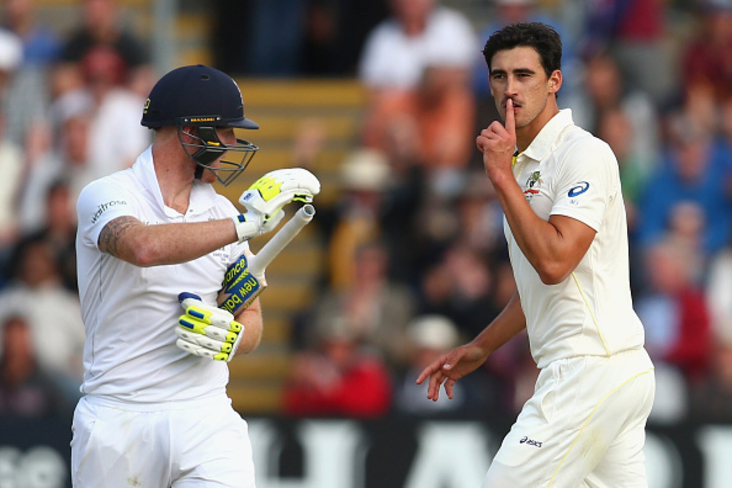 CARDIFF, ENGLAND - JULY 08: Mitchell Starc of Australia celebrates after taking the wicket of Ben Stokes of England during day one of the 1st Investec Ashes Test match between England and Australia at SWALEC Stadium on July 8, 2015 in Cardiff, United King