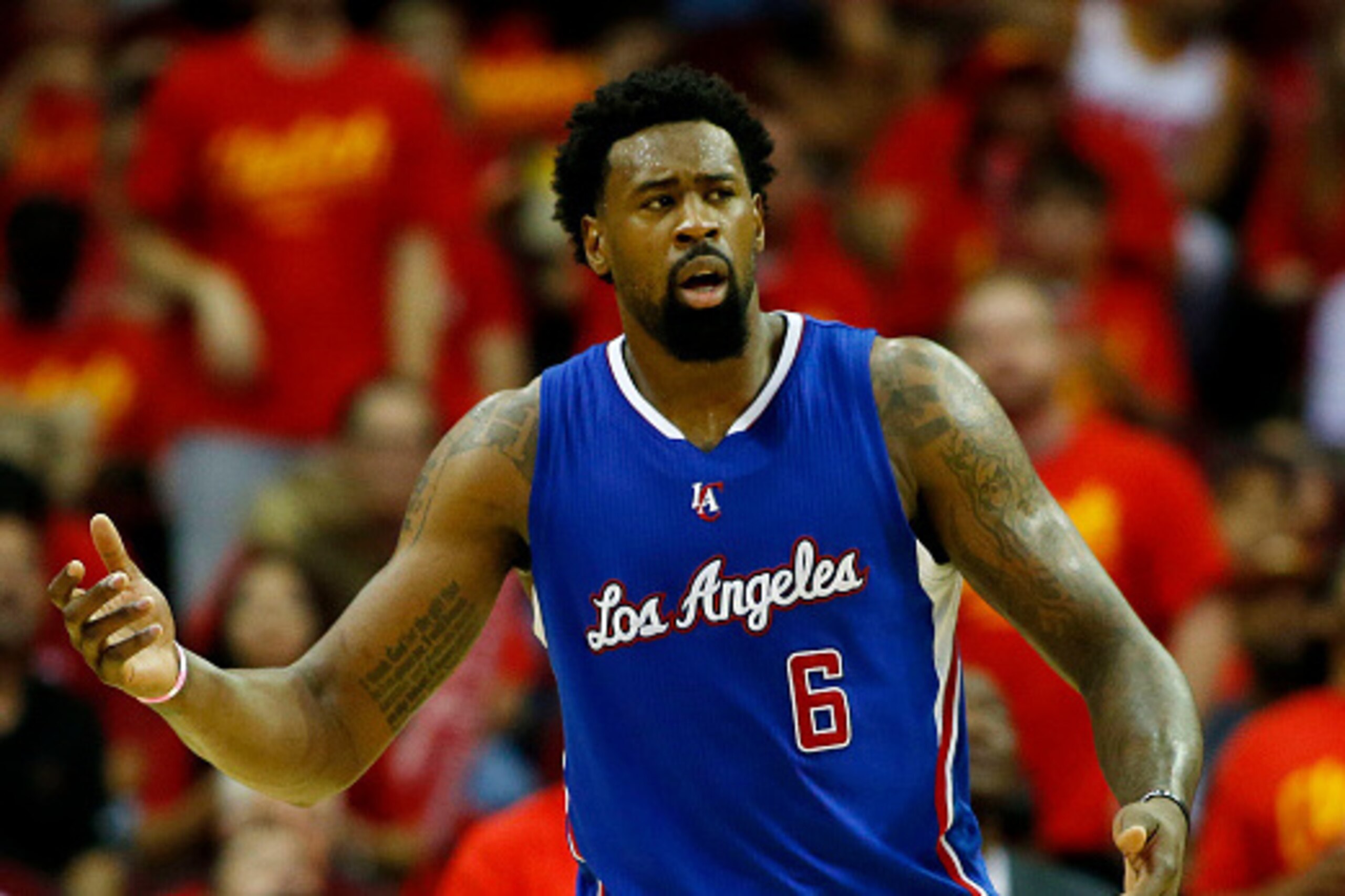 HOUSTON, TX - MAY 17: DeAndre Jordan #6 of the Los Angeles Clippers reacts in the third quarter against the Houston Rockets during Game Seven of the Western Conference Semifinals at the Toyota Center for the 2015 NBA Playoffs on May 17, 2015 in Houston, HOUSTON, TX - MAY 17: DeAndre Jordan #6 of the Los Angeles Clippers reacts in the third quarter against the Houston Rockets during Game Seven of the Western Conference Semifinals at the Toyota Center for the 2015 NBA Playoffs on May 17, 2015 in Houston,