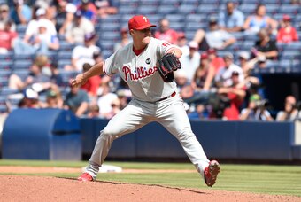 Jul 5, 2015; Atlanta, GA, USA; Philadelphia Phillies relief pitcher Jonathan Papelbon (58) pitches against the Atlanta Braves during the tenth inning at Turner Field. The Phillies defeated the Braves 4-0 in ten innings. Mandatory Credit: Dale Zanine-USA T