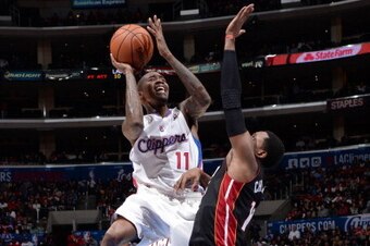 LOS ANGELES, CA - FEBRUARY 5: Jamal Crawford #11 of the Los Angeles Clippers shoots against Mario Chalmers #15 of the Miami Heat at Staples Center on February 5, 2014 in Los Angeles, California. NOTE TO USER: User expressly acknowledges and agrees that, b