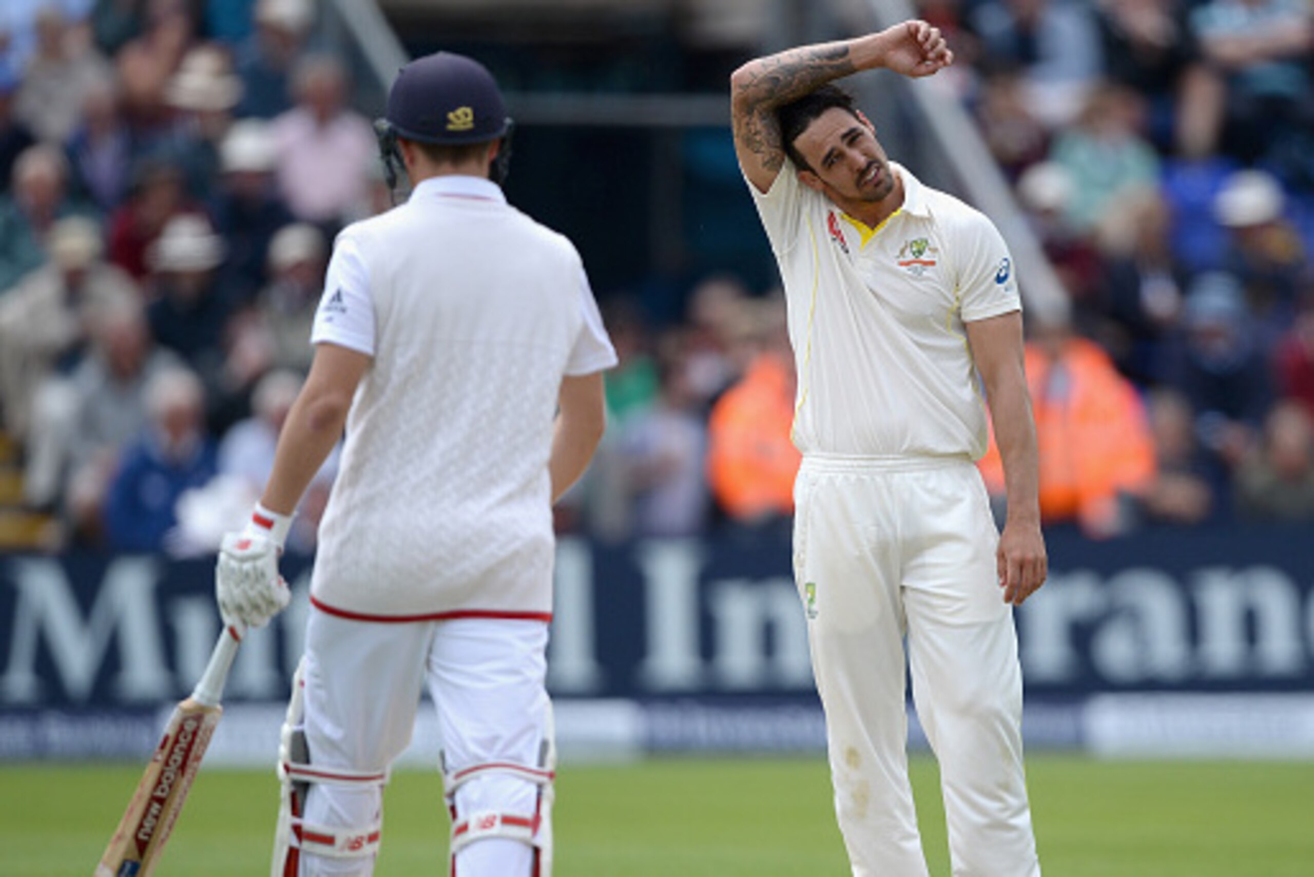 CARDIFF, WALES - JULY 08:  Mitchell Johnson of Australia reacts after bowling to Gary Ballance of England during day one of the 1st Investec Ashes Test match between England and Australia at SWALEC Stadium on July 8, 2015 in Cardiff, United Kingdom.  (Pho