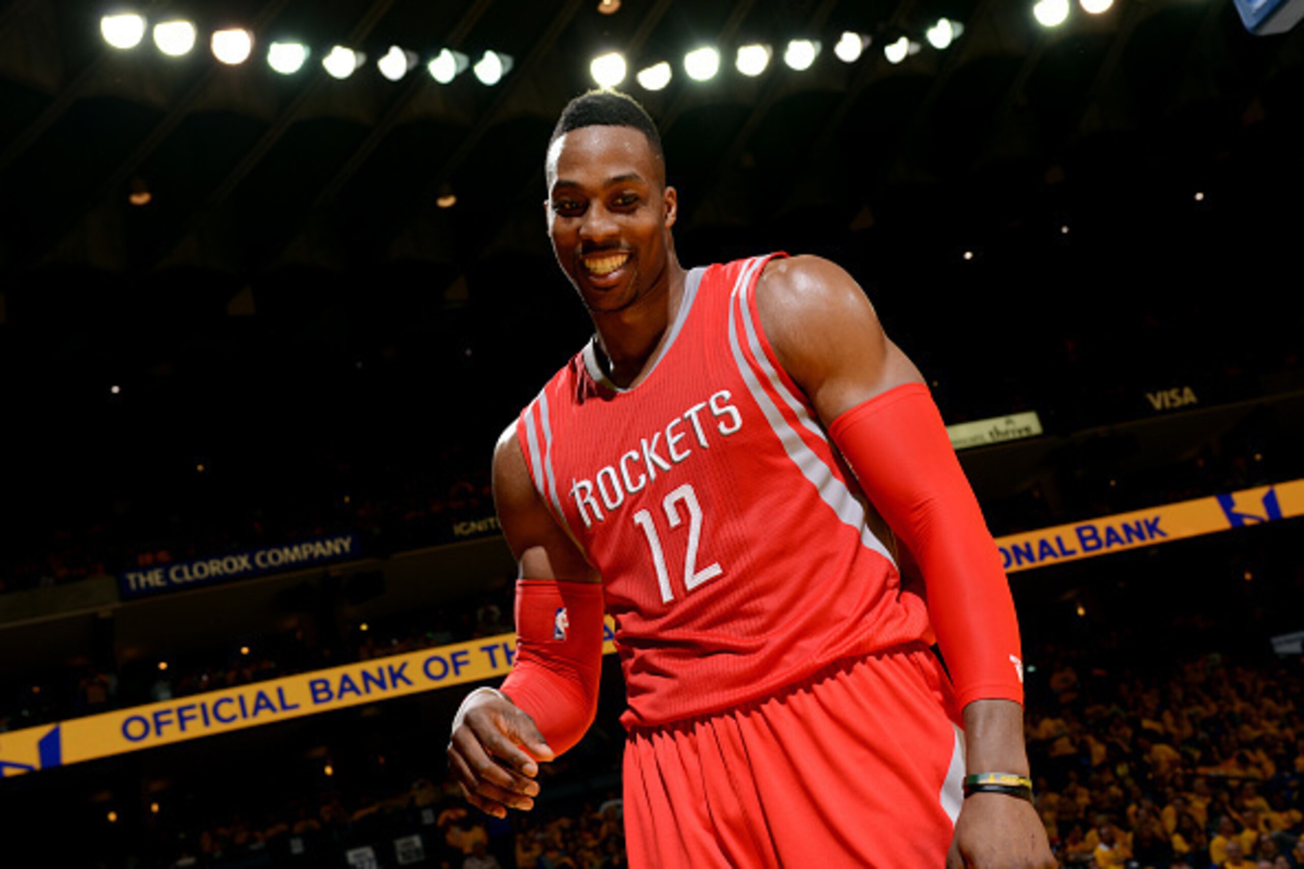 OAKLAND, CA - MAY 27: Dwight Howard #12 of the Houston Rockets celebrates during a game against the Golden State Warriors in Game Five of the Western Conference Finals of the 2015 NBA Playoffs on May 27, 2015 at Oracle Arena in Oakland, California. NOTE T