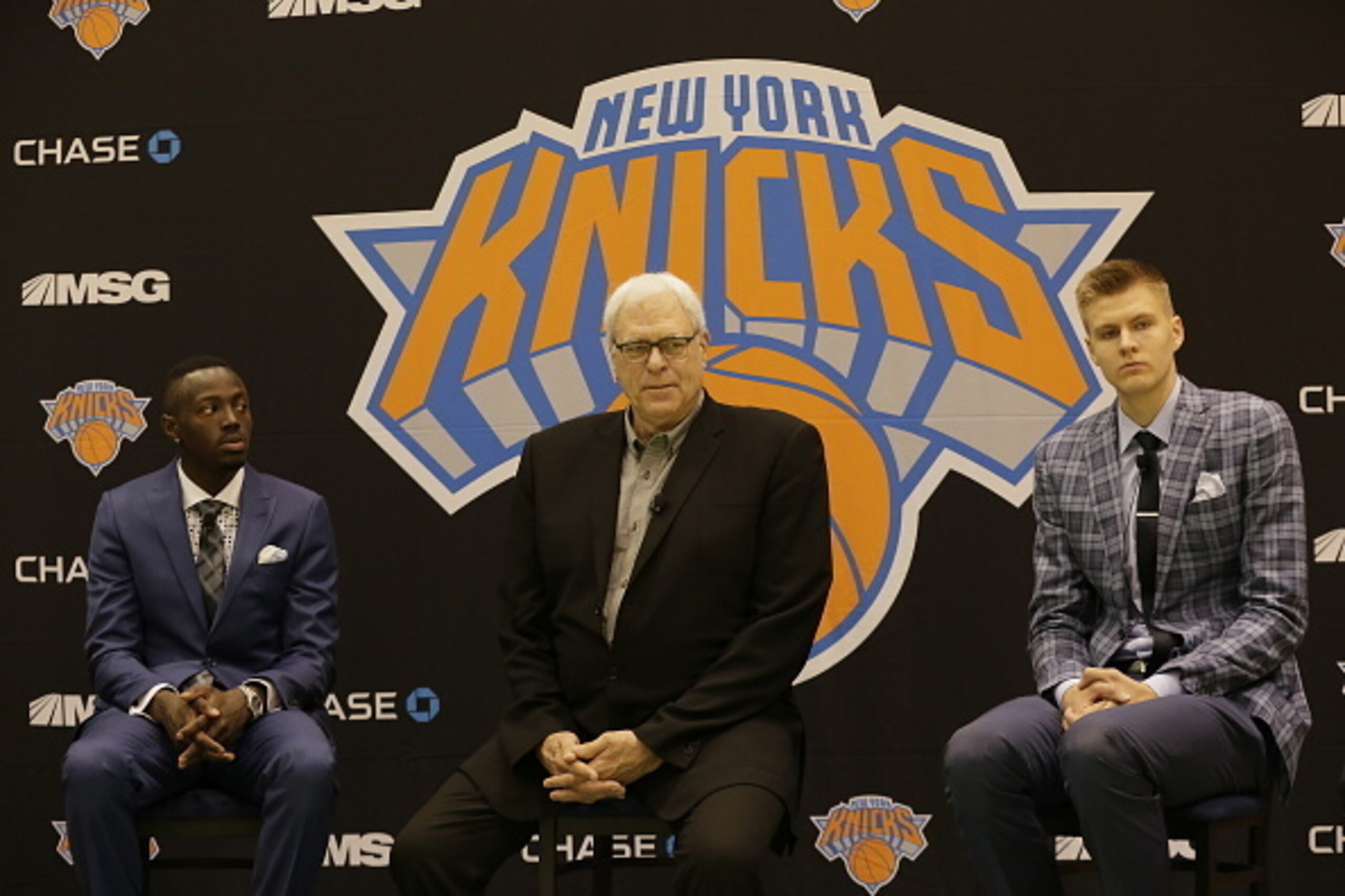 TARRYTOWN, NY - JUNE 26: New York Knicks President Phil Jackson, Kristaps Porzingis and Jerian Grant, first round Draft pick of the New York Knicks are introduced to the media at the Madison Square Garden Training Facility on June 26, 2015 in Tarrytown, N