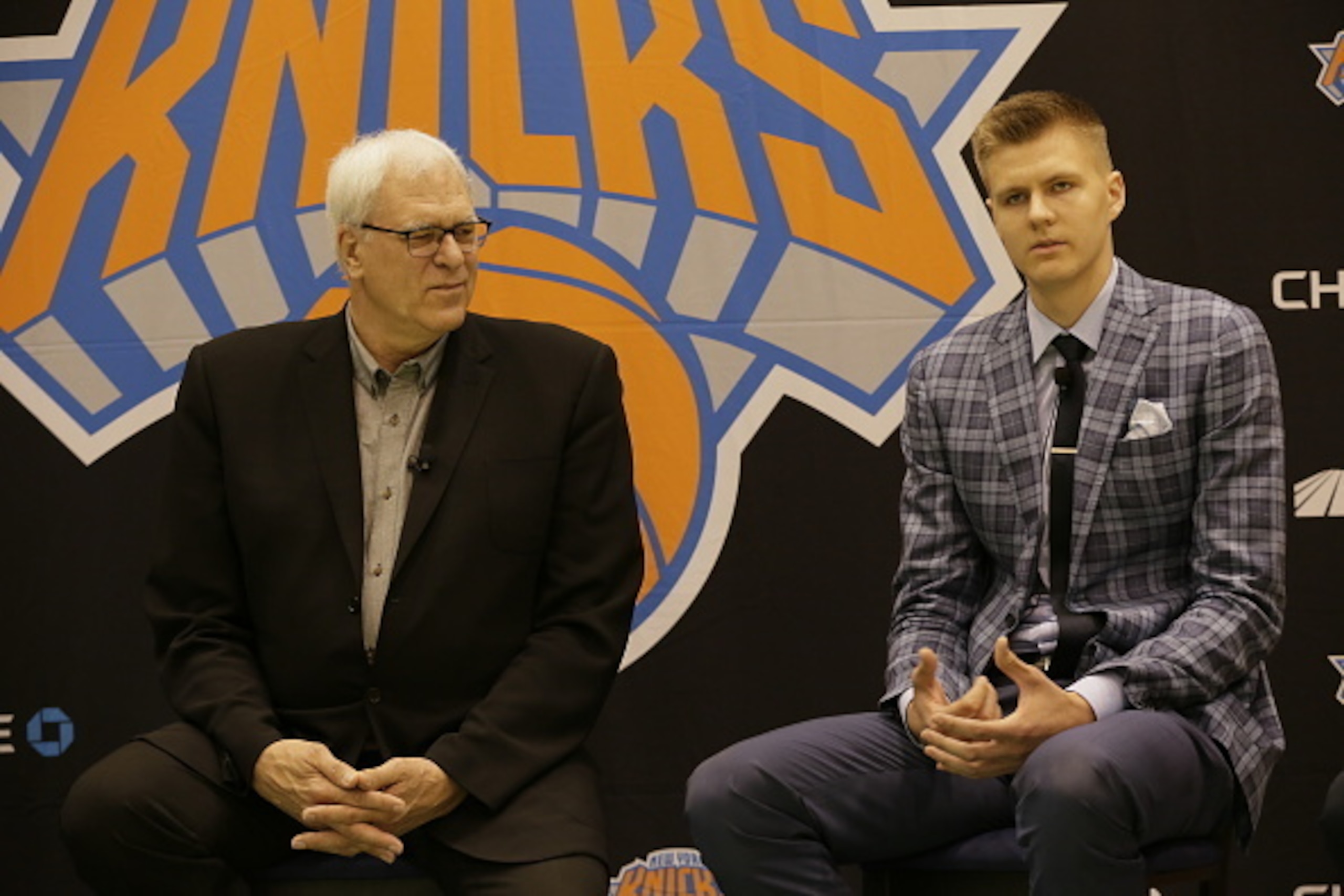 TARRYTOWN, NY - JUNE 26: Kristaps Porzingis, first round Draft pick of the New York Knicks speaks to the media at the Madison Square Garden Training Facility on June 26, 2015 in Tarrytown, New York. NOTE TO USER: User expressly acknowledges and agrees tha