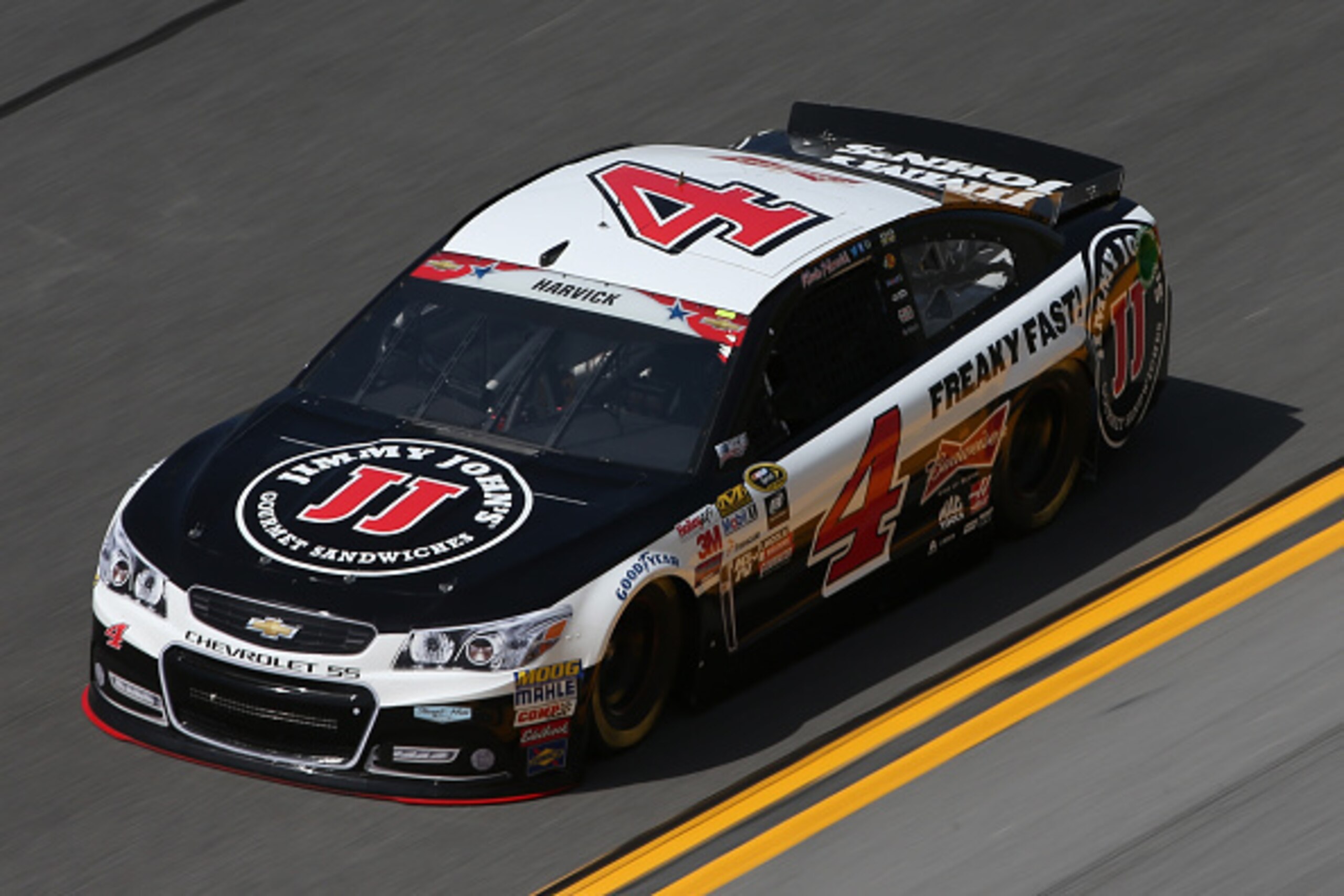 DAYTONA BEACH, FL - JULY 03: Kevin Harvick, driver of the #4 Jimmy John's/Budweiser Chevrolet, practices for the NASCAR Sprint Cup Series Coke Zero 400 at Daytona International Speedway on July 3, 2015 in Daytona Beach, Florida. (Photo by Chris Graythen/ DAYTONA BEACH, FL - JULY 03: Kevin Harvick, driver of the #4 Jimmy John's/Budweiser Chevrolet, practices for the NASCAR Sprint Cup Series Coke Zero 400 at Daytona International Speedway on July 3, 2015 in Daytona Beach, Florida. (Photo by Chris Graythen/