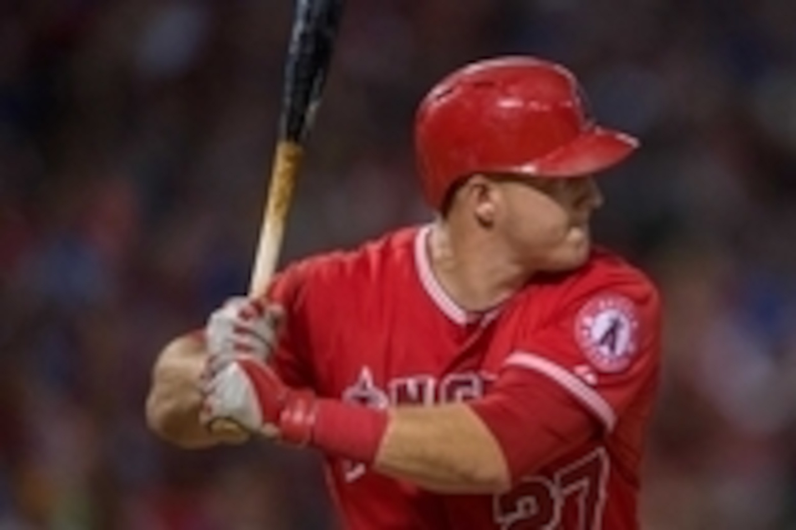 Jul 3, 2015; Arlington, TX, USA; Los Angeles Angels center fielder Mike Trout (27) bats against the Texas Rangers during the game at Globe Life Park in Arlington. The Angels defeated the Rangers 8-2. Mandatory Credit: Jerome Miron-USA TODAY Sports Jul 3, 2015; Arlington, TX, USA; Los Angeles Angels center fielder Mike Trout (27) bats against the Texas Rangers during the game at Globe Life Park in Arlington. The Angels defeated the Rangers 8-2. Mandatory Credit: Jerome Miron-USA TODAY Sports