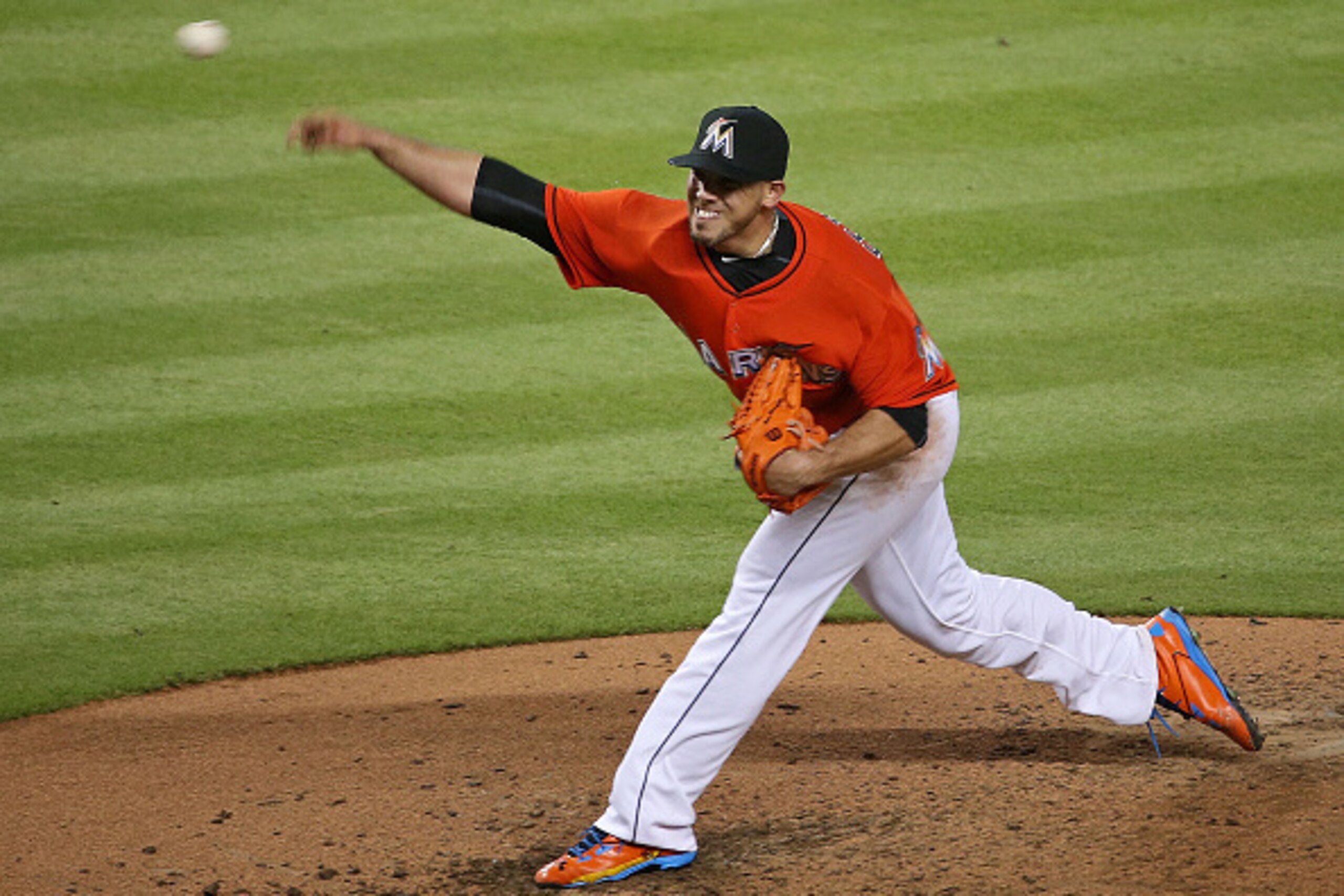 MIAMI, FL - JULY 02:  Jose Fernandez #16 of the Miami Marlins pitches during a game against the San Francisco Giants at Marlins Park on July 2, 2015 in Miami, Florida.  (Photo by Mike Ehrmann/Getty Images)