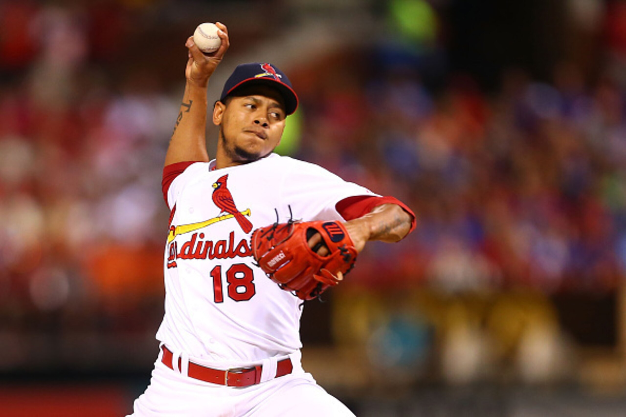 ST. LOUIS, MO - JUNE 28: Starter Carlos Martinez #18 of the St. Louis Cardinals pitches against the Chicago Cubs in the first inning at Busch Stadium on June 28, 2015 in St. Louis, Missouri.  (Photo by Dilip Vishwanat/Getty Images)