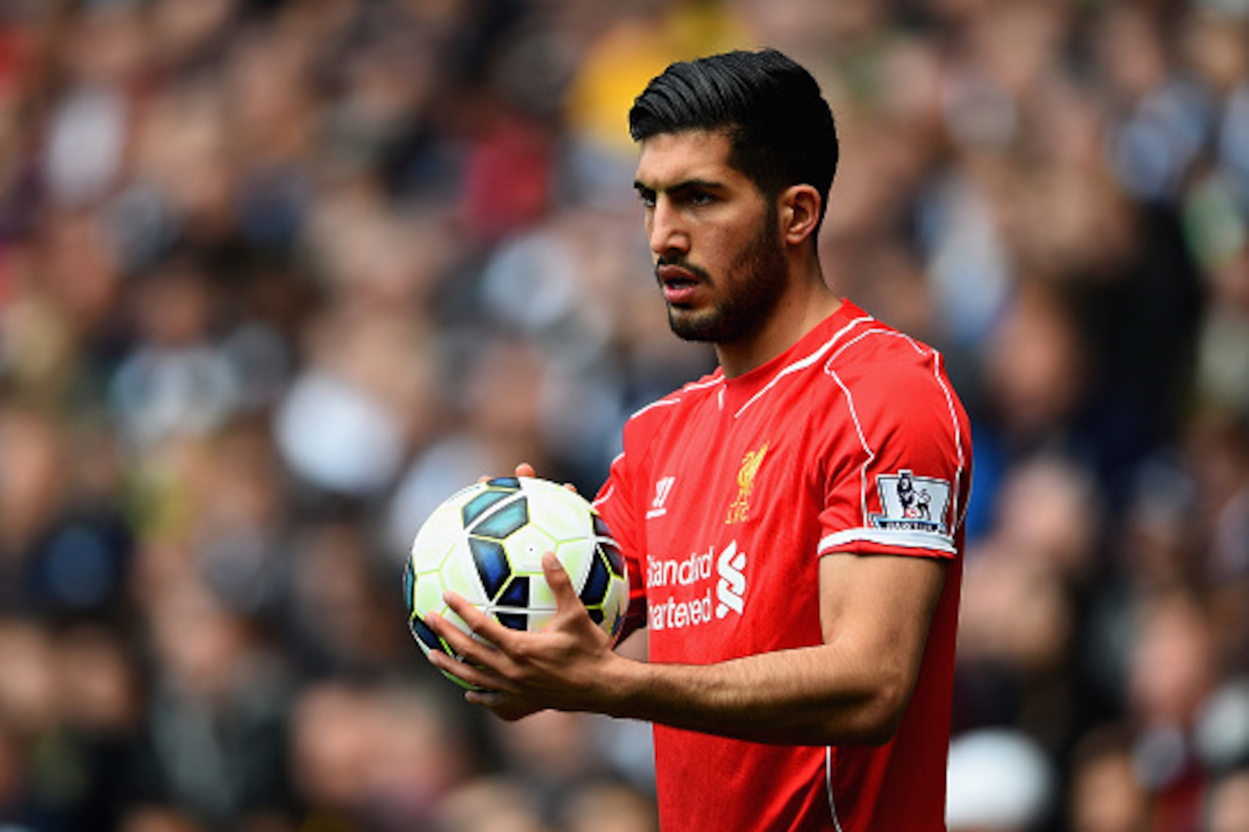 WEST BROMWICH, ENGLAND - APRIL 25: Emre Can of Liverpool in action during the Barclays Premier League match between West Bromwich Albion and Liverpool at The Hawthorns on April 25, 2015 in West Bromwich, England.  (Photo by Laurence Griffiths/Getty Images