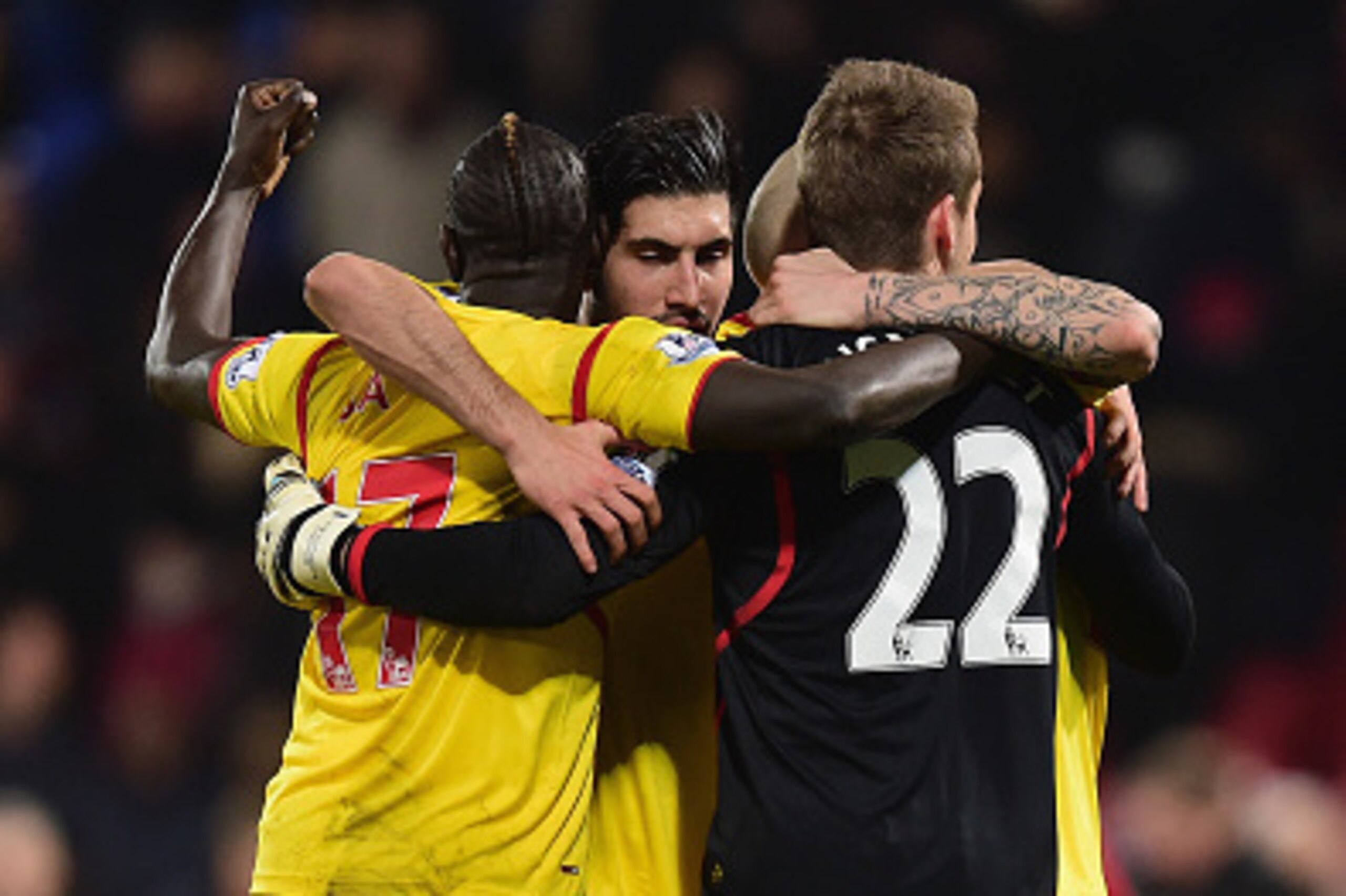 LONDON, ENGLAND - FEBRUARY 14:  Mamadou Sakho, Emre Can and Simon Mignolet of Liverpool celebrate victory after the FA Cup fifth round match between Crystal Palace and Liverpool at Selhurst Park on February 14, 2015 in London, England.  (Photo by Jamie Mc