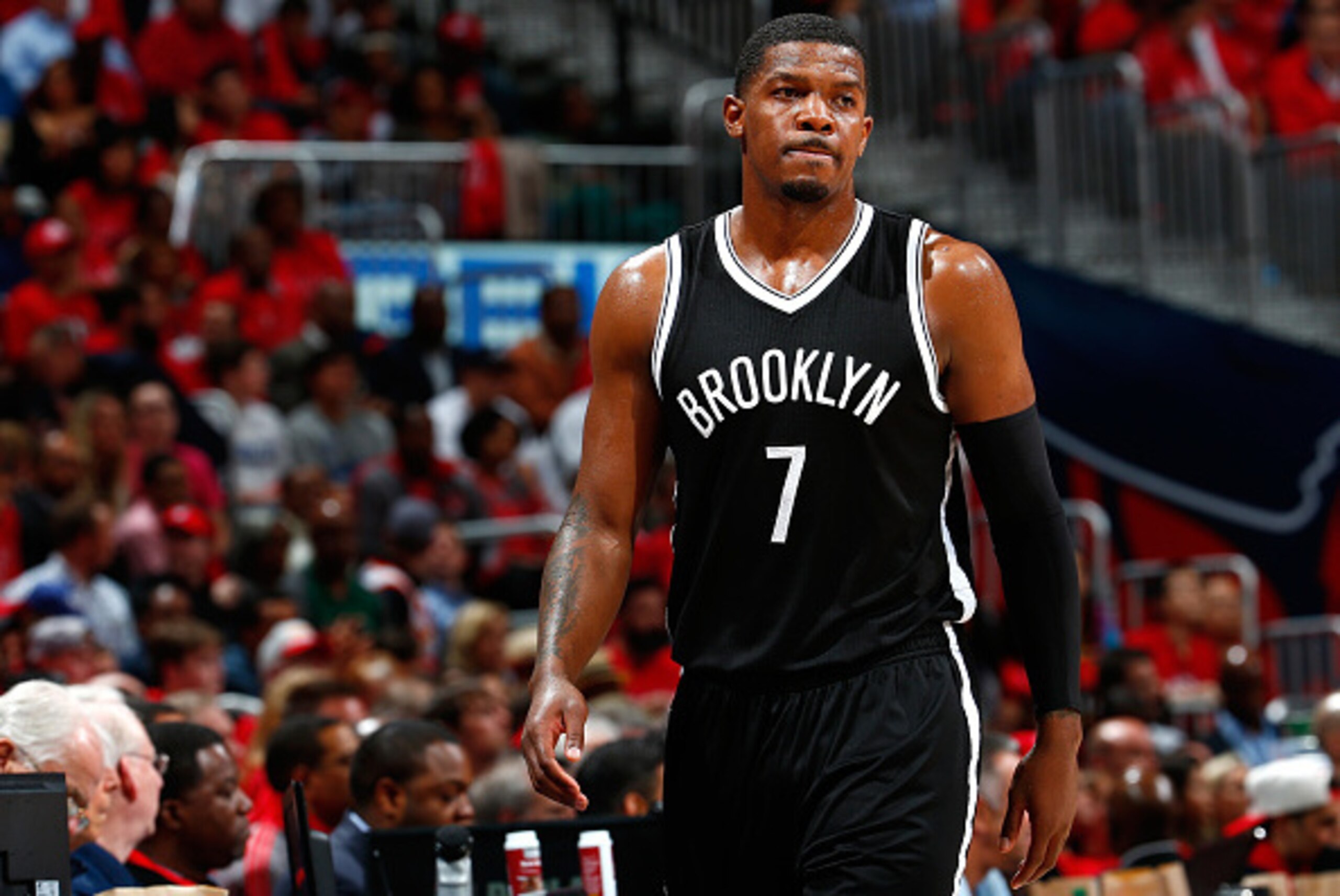 ATLANTA, GA - APRIL 29: Joe Johnson #7 of the Brooklyn Nets reacts as he walks to the bench during Game Five of the Eastern Conference Quarterfinals of the NBA Playoffs against the Atlanta Hawks at Philips Arena on April 29, 2015 in Atlanta, Georgia. NO ATLANTA, GA - APRIL 29: Joe Johnson #7 of the Brooklyn Nets reacts as he walks to the bench during Game Five of the Eastern Conference Quarterfinals of the NBA Playoffs against the Atlanta Hawks at Philips Arena on April 29, 2015 in Atlanta, Georgia. NO