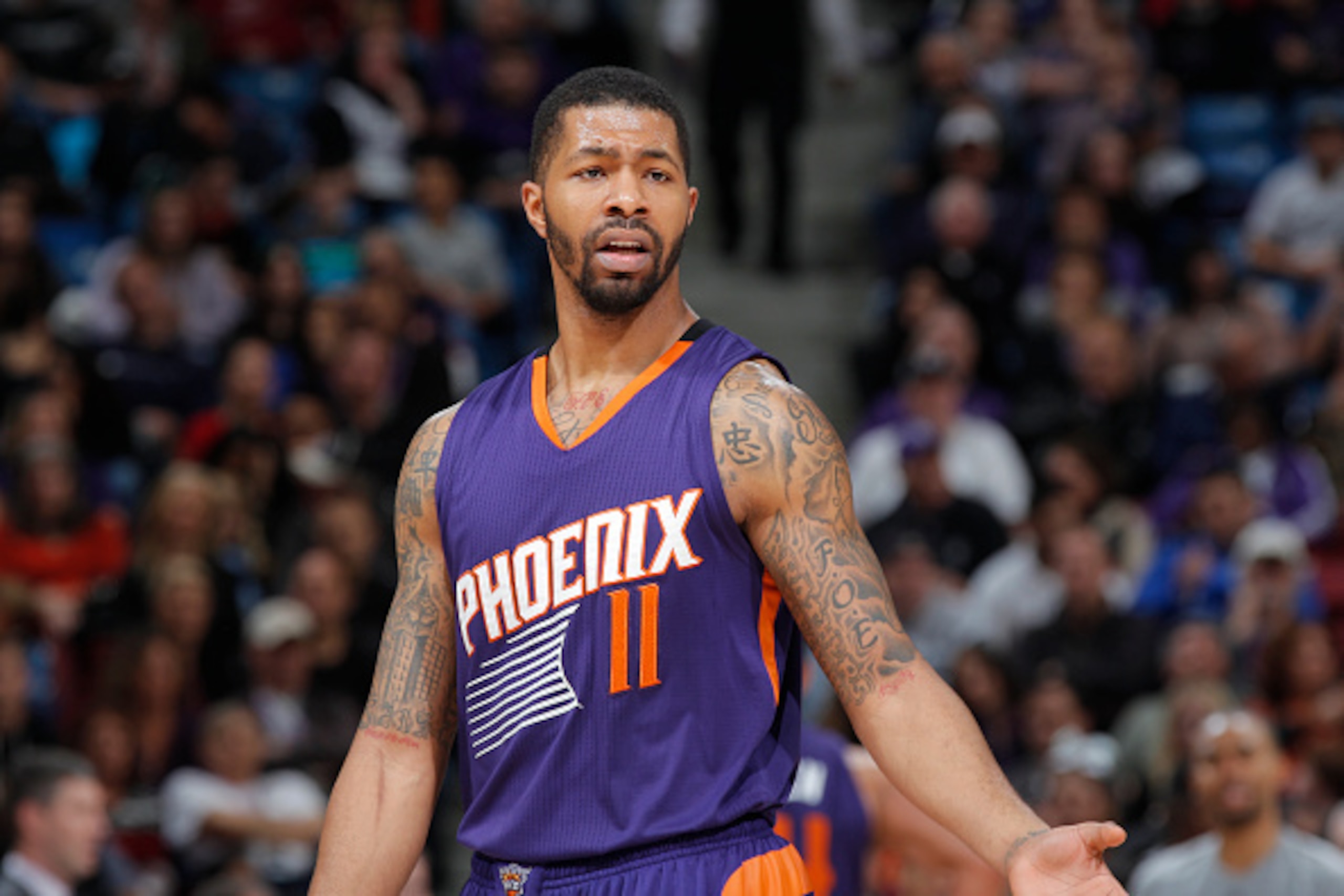 SACRAMENTO, CA - FEBRUARY 8: Markieff Morris #11 of the Phoenix Suns reacts to a call during the game against the Sacramento Kings on February 8, 2015 at Sleep Train Arena in Sacramento, California. NOTE TO USER: User expressly acknowledges and agrees tha SACRAMENTO, CA - FEBRUARY 8: Markieff Morris #11 of the Phoenix Suns reacts to a call during the game against the Sacramento Kings on February 8, 2015 at Sleep Train Arena in Sacramento, California. NOTE TO USER: User expressly acknowledges and agrees tha