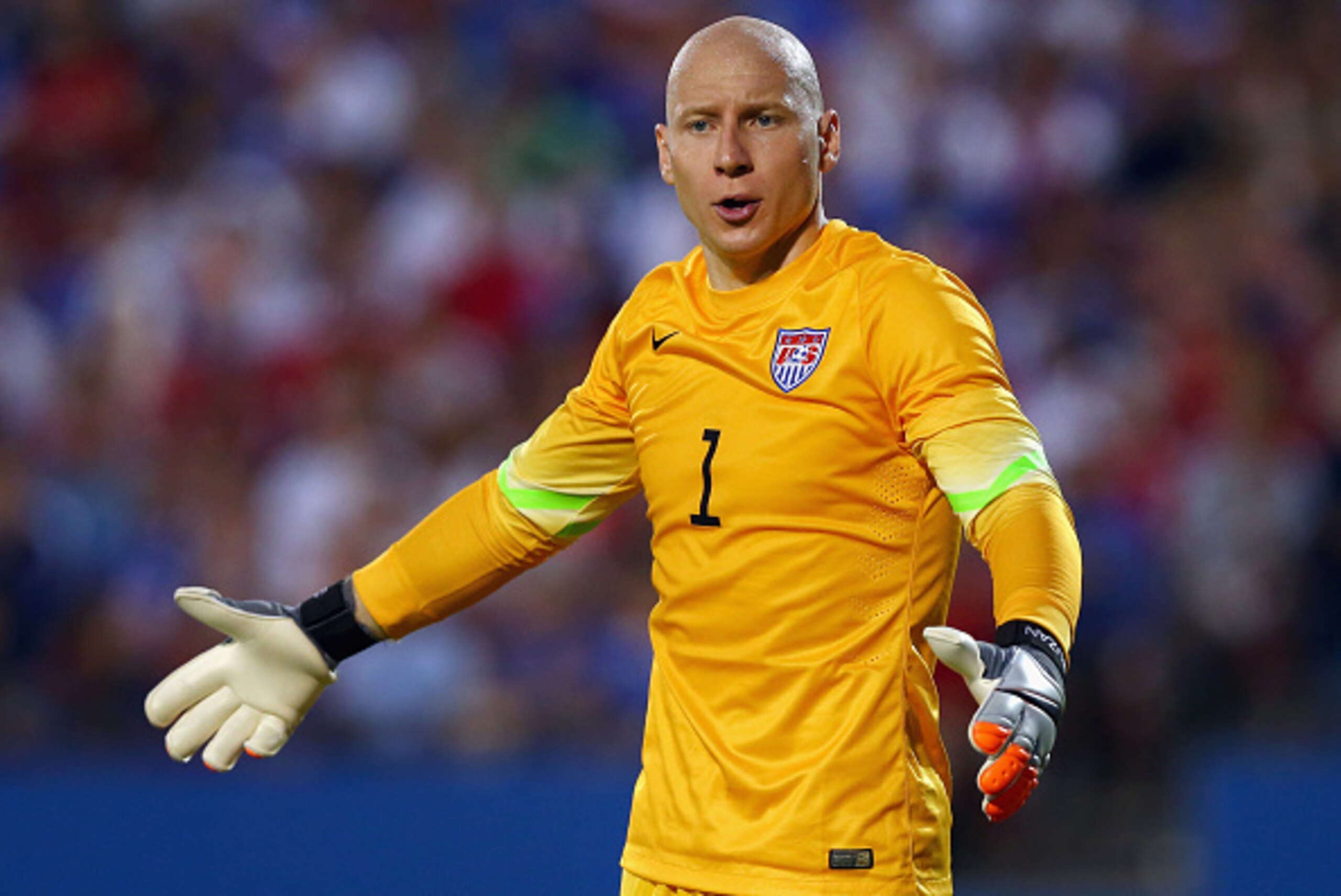 FRISCO, TX - JULY 07:  Brad Guzan #1 of the USA reacts after blocking a shot against Honduras during the 2015 CONCACAF Gold Cup Group A match between USA and Honduras at Toyota Stadium on July 7, 2015 in Frisco, Texas.  (Photo by Tom Pennington/Getty Imag