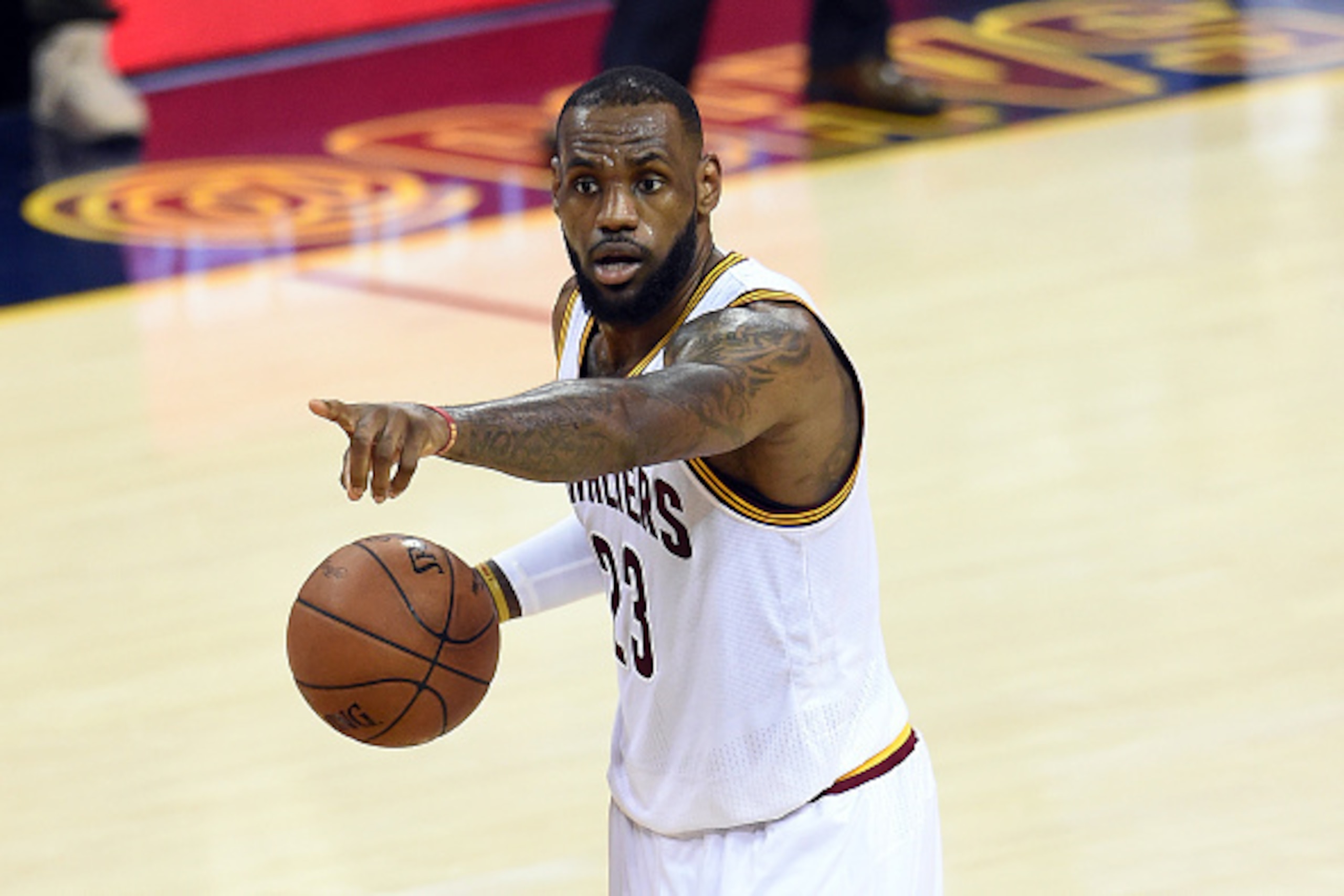 CLEVELAND, OH - JUNE 16:  LeBron James #23 of the Cleveland Cavaliers reacts during Game Six of the 2015 NBA Finals against the Golden State Warriors at Quicken Loans Arena on June 16, 2015 in Cleveland, Ohio. NOTE TO USER: User expressly acknowledges and