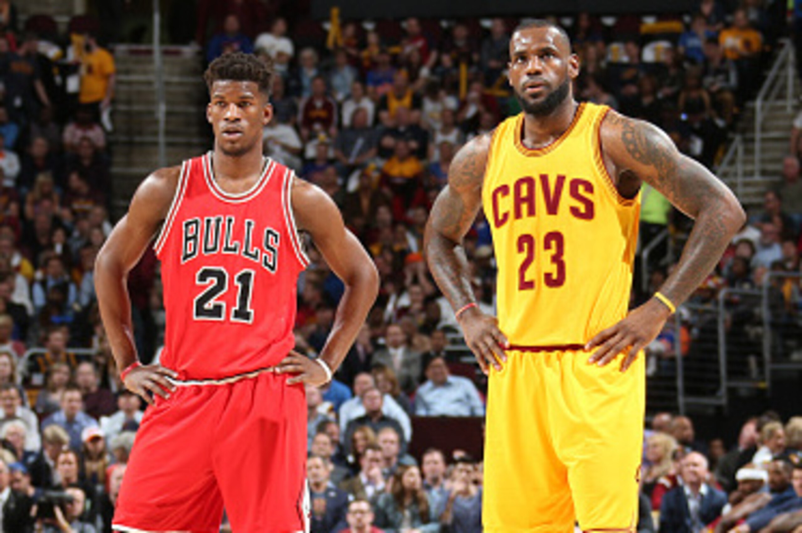 CLEVELAND, OH - MAY 12: Jimmy Butler #21 of the Chicago Bulls and LeBron James #23 of the Cleveland Cavaliers in Game Five of the Eastern Conference Semifinals of the NBA Playoffs at The Quicken Loans Arena on May 12, 2015 in Cleveland, Ohio. NOTE TO USE CLEVELAND, OH - MAY 12: Jimmy Butler #21 of the Chicago Bulls and LeBron James #23 of the Cleveland Cavaliers in Game Five of the Eastern Conference Semifinals of the NBA Playoffs at The Quicken Loans Arena on May 12, 2015 in Cleveland, Ohio. NOTE TO USE