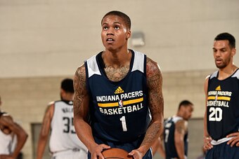 ORLANDO, FL - JULY 9: Joe Young #1 of the Indiana Pacers attempts a free throw against the Orlando Magic Blue on July 9, 2015 at Amway Center in Orlando, Florida. NOTE TO USER: User expressly acknowledges and agrees that, by downloading and or using this 