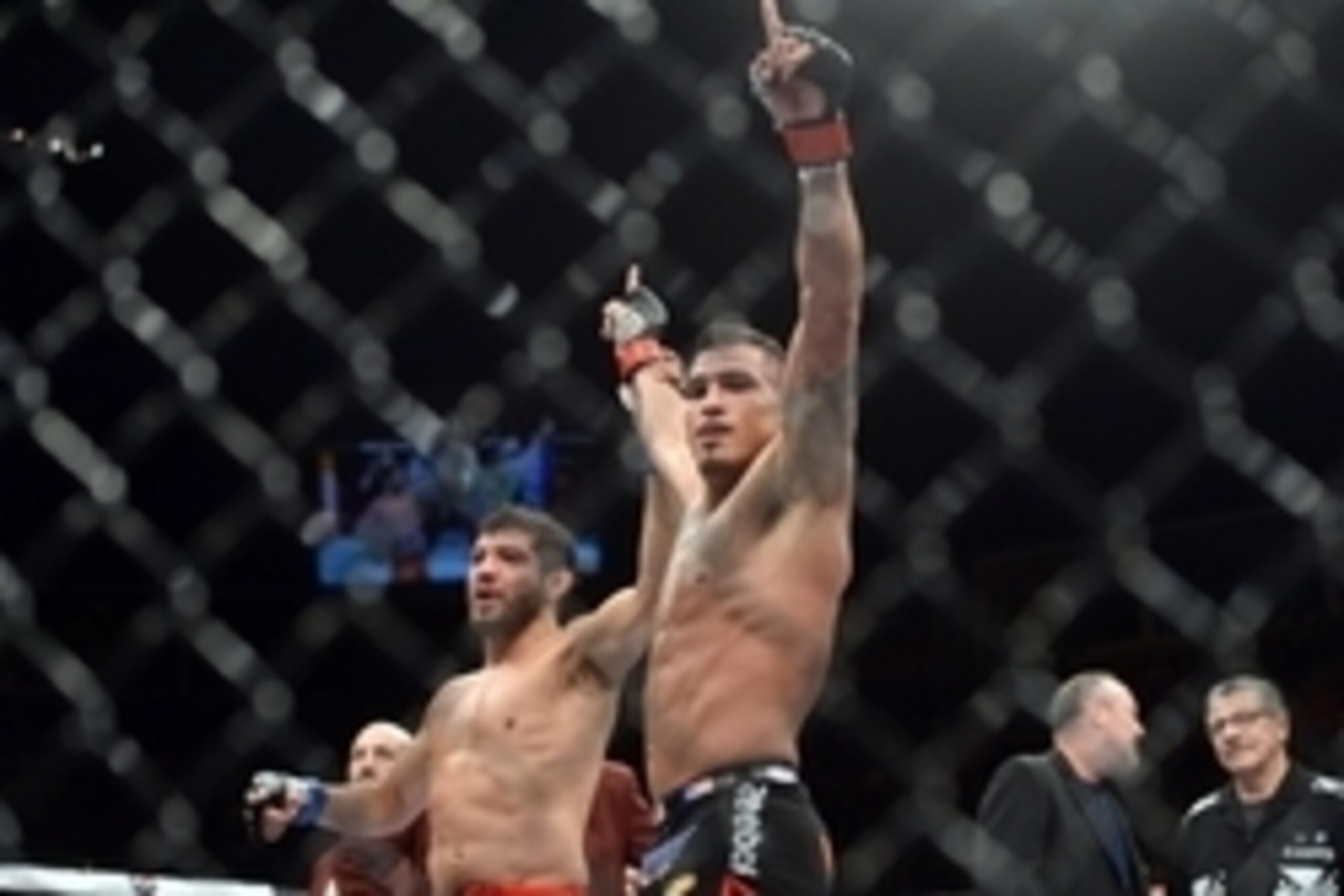 Dec 6, 2014; Las Vegas, NV, USA; Anthony Pettis (red) defeats Gilbert Melendez (blue) during UFC 181 at Madalay Bay Events Center. Pettis won via second round submission. Mandatory Credit: Joe Camporeale-USA TODAY Sports