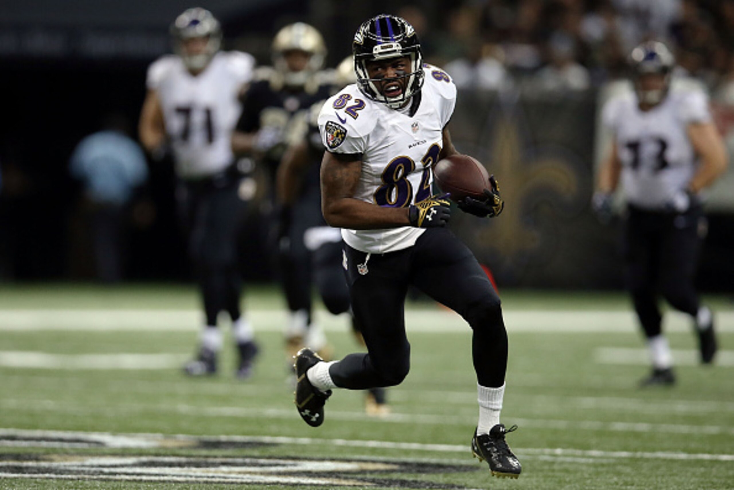NEW ORLEANS, LA - NOVEMBER 24: Torrey Smith #82 of the Baltimore Ravens runs for yards during the second quarter of a game against the New Orleans Saints at the Mercedes-Benz Superdome on November 24, 2014 in New Orleans, Louisiana. (Photo by Chris Gray NEW ORLEANS, LA - NOVEMBER 24: Torrey Smith #82 of the Baltimore Ravens runs for yards during the second quarter of a game against the New Orleans Saints at the Mercedes-Benz Superdome on November 24, 2014 in New Orleans, Louisiana. (Photo by Chris Gray