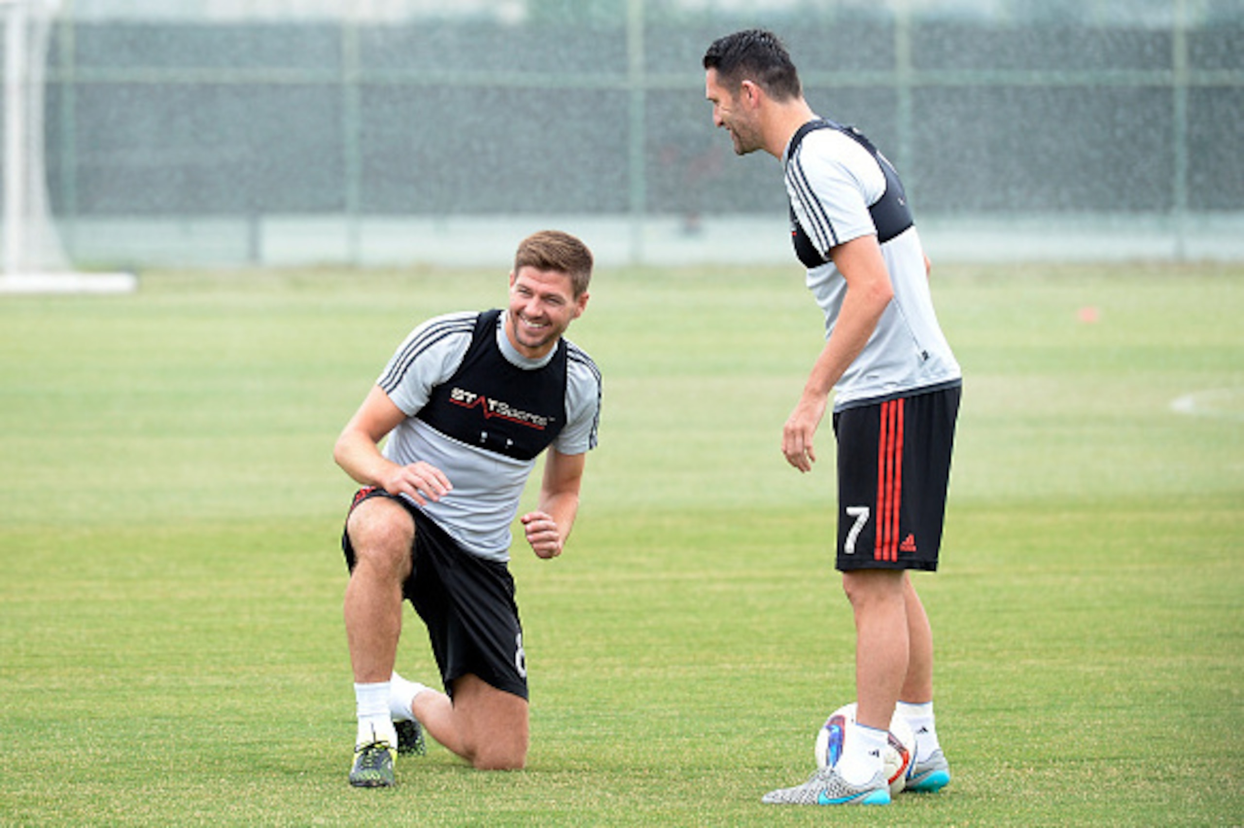 CARSON, CA - JULY 7: New Los Angeles Galaxy midfielder Steven Gerrard #8 and Robbie Keane #7 during a training session on July 7, 2015 at StubHub Center in Carson, California. The former Liverpool captain Steven Gerrard is scheduled to play his first MLS 