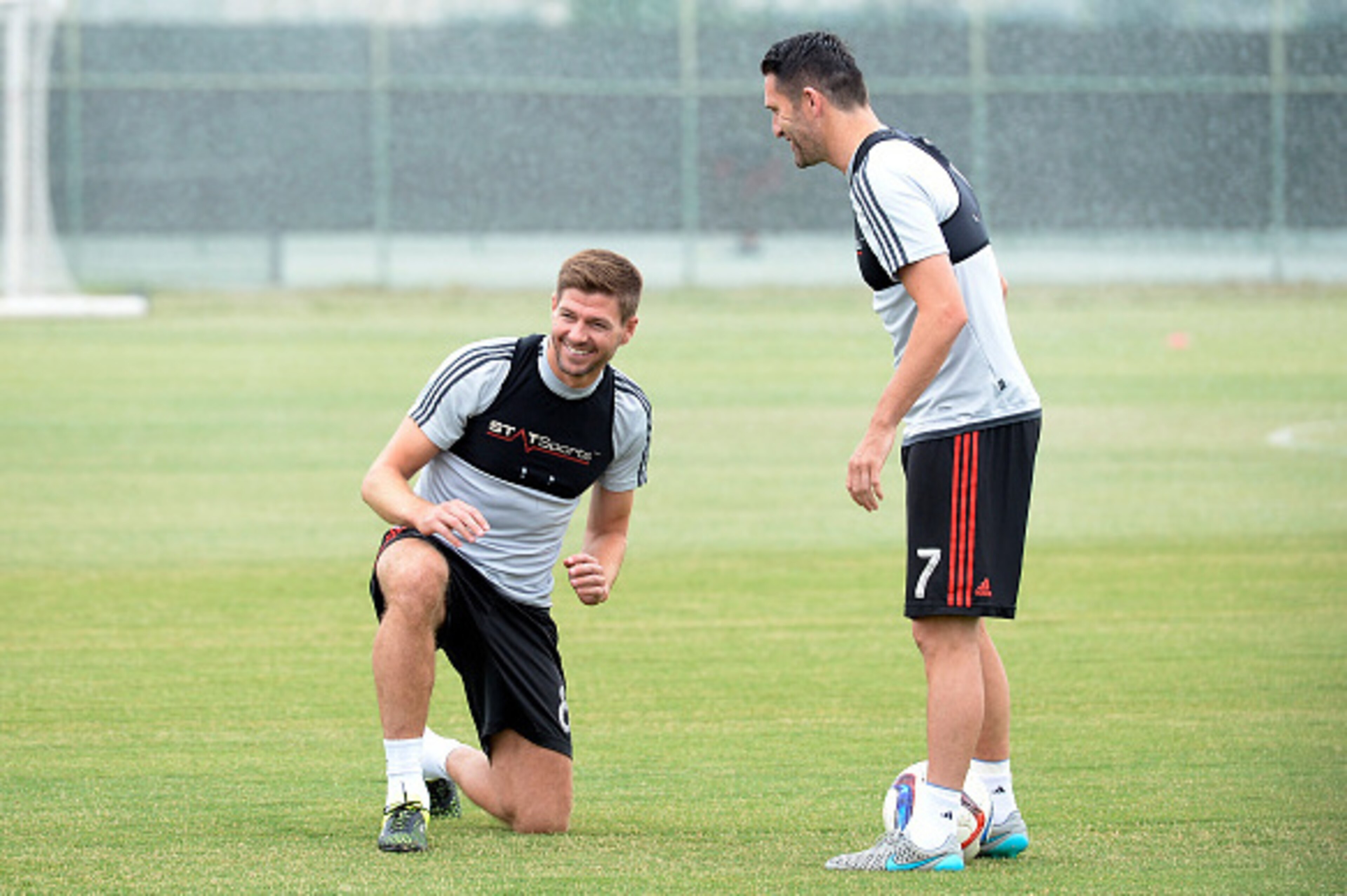 CARSON, CA - JULY 7: New Los Angeles Galaxy midfielder Steven Gerrard #8 and Robbie Keane #7 during a training session on July 7, 2015 at StubHub Center in Carson, California. The former Liverpool captain Steven Gerrard is scheduled to play his first MLS 