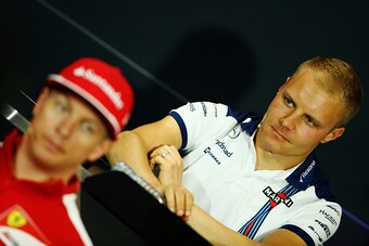MONTE-CARLO, MONACO - MAY 20:  Valtteri Bottas of Finland and Williams (rear) and Kimi Raikkonen of Finland and Ferrari (front) attend the drivers press conference during previews to the Monaco Formula One Grand Prix at Circuit de Monaco on May 20, 2015 i