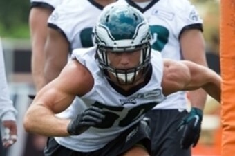Jun 17, 2015; Philadelphia, PA, USA; Philadelphia Eagles linebacker Kiko Alonso (50) runs drills during minicamp at The NovaCare Complex. Mandatory Credit: Bill Streicher-USA TODAY Sports