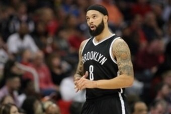 Apr 4, 2015; Atlanta, GA, USA; Brooklyn Nets guard Deron Williams (8) looks at the scoreboard against the Atlanta Hawks in the first quarter at Philips Arena. Mandatory Credit: Brett Davis-USA TODAY Sports