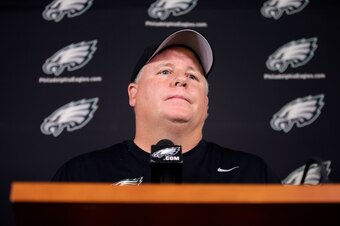 Chip Kelly at a press conference before an Eagle practice in June.