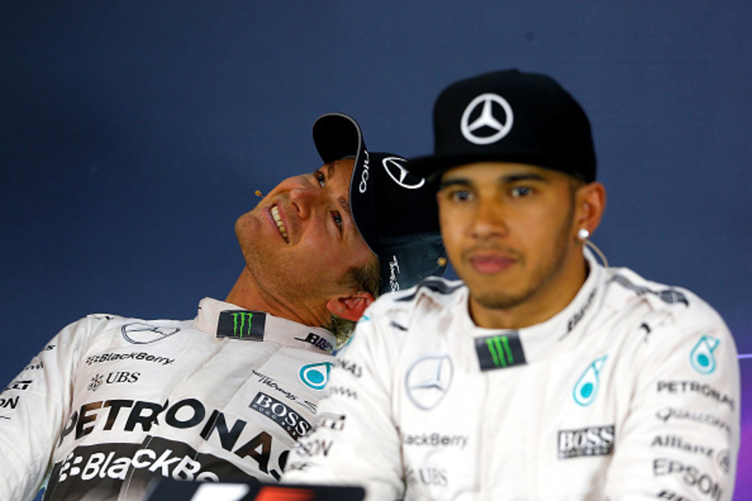 SPIELBERG, AUSTRIA - JUNE 20:  Lewis Hamilton of Great Britain and Mercedes GP and Nico Rosberg of Germany and Mercedes GP attend a press conference after qualifying for the Formula One Grand Prix of Austria at Red Bull Ring on June 20, 2015 in Spielberg,