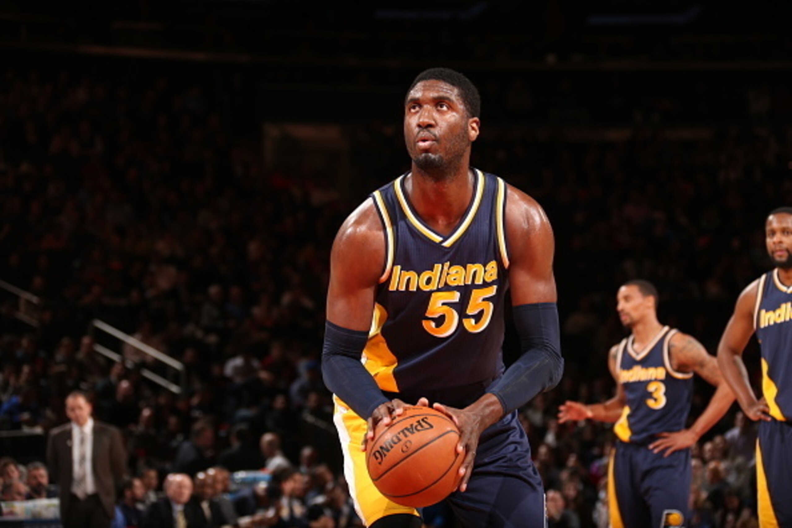 NEW YORK, NY - APRIL 8:  Roy Hibbert #55 of the Indiana Pacers prepares to shoot a free throw against the New York Knicks on April 8, 2015 at Madison Square Garden in New York City.  NOTE TO USER: User expressly acknowledges and agrees that, by downloadin