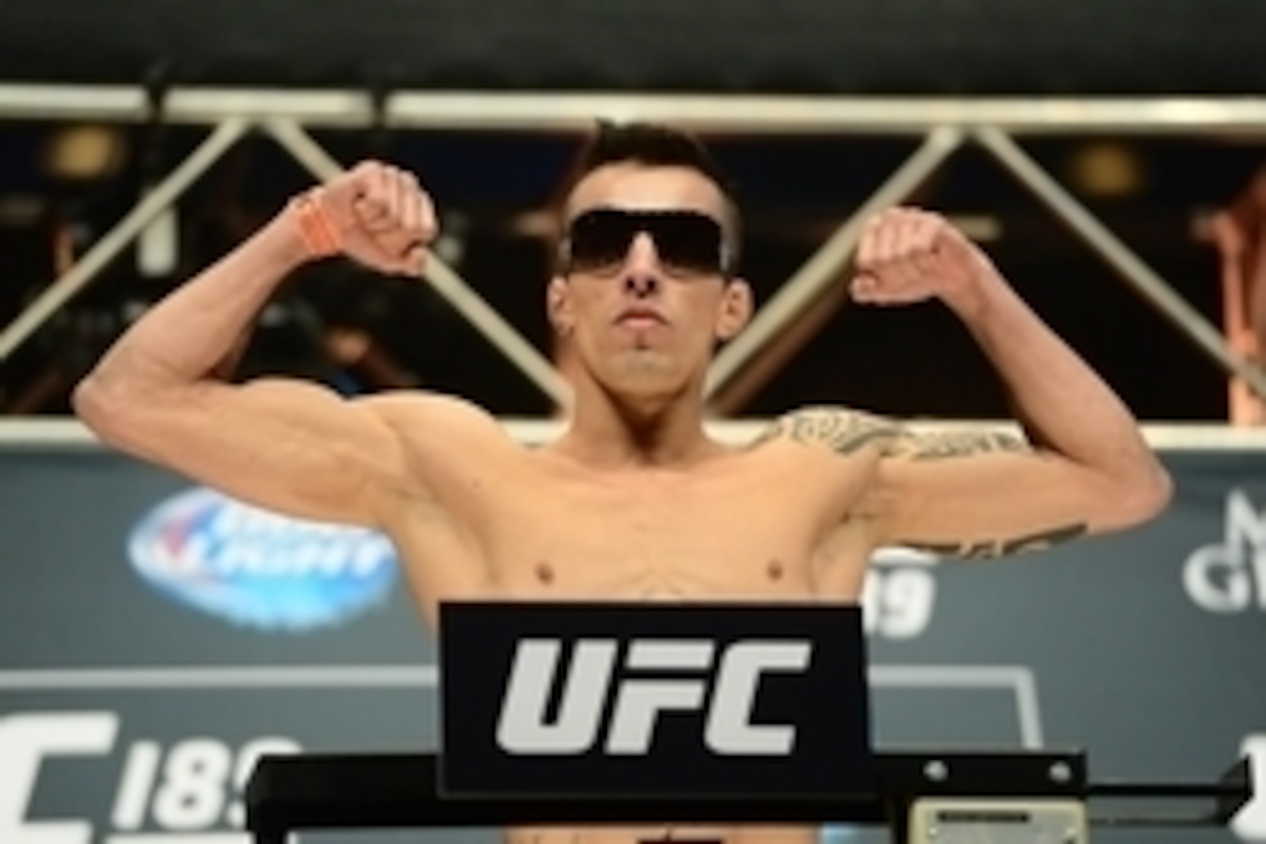Jul 10, 2015; Las Vegas, NV, USA; Thomas Almeida weighs in for his bout against Brad Pickett (not pictured) during weigh-ins for UFC 189 at MGM Grand Garden Arena. Mandatory Credit: Joe Camporeale-USA TODAY Sports