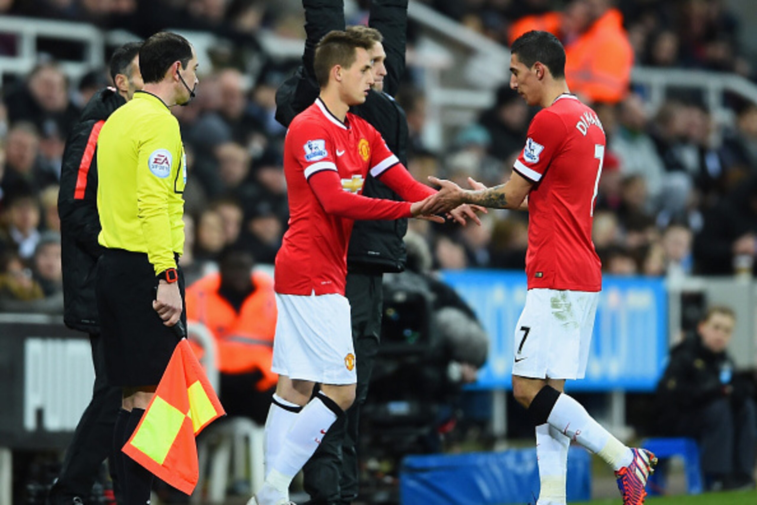 NEWCASTLE UPON TYNE, ENGLAND - MARCH 04: Adnan Januzaj of Manchester United replaces Angel di Maria of Manchester United during the Barclays Premier League match between Newcastle United and Manchester United at St James' Park on March 4, 2015 in Newcastl NEWCASTLE UPON TYNE, ENGLAND - MARCH 04: Adnan Januzaj of Manchester United replaces Angel di Maria of Manchester United during the Barclays Premier League match between Newcastle United and Manchester United at St James' Park on March 4, 2015 in Newcastl