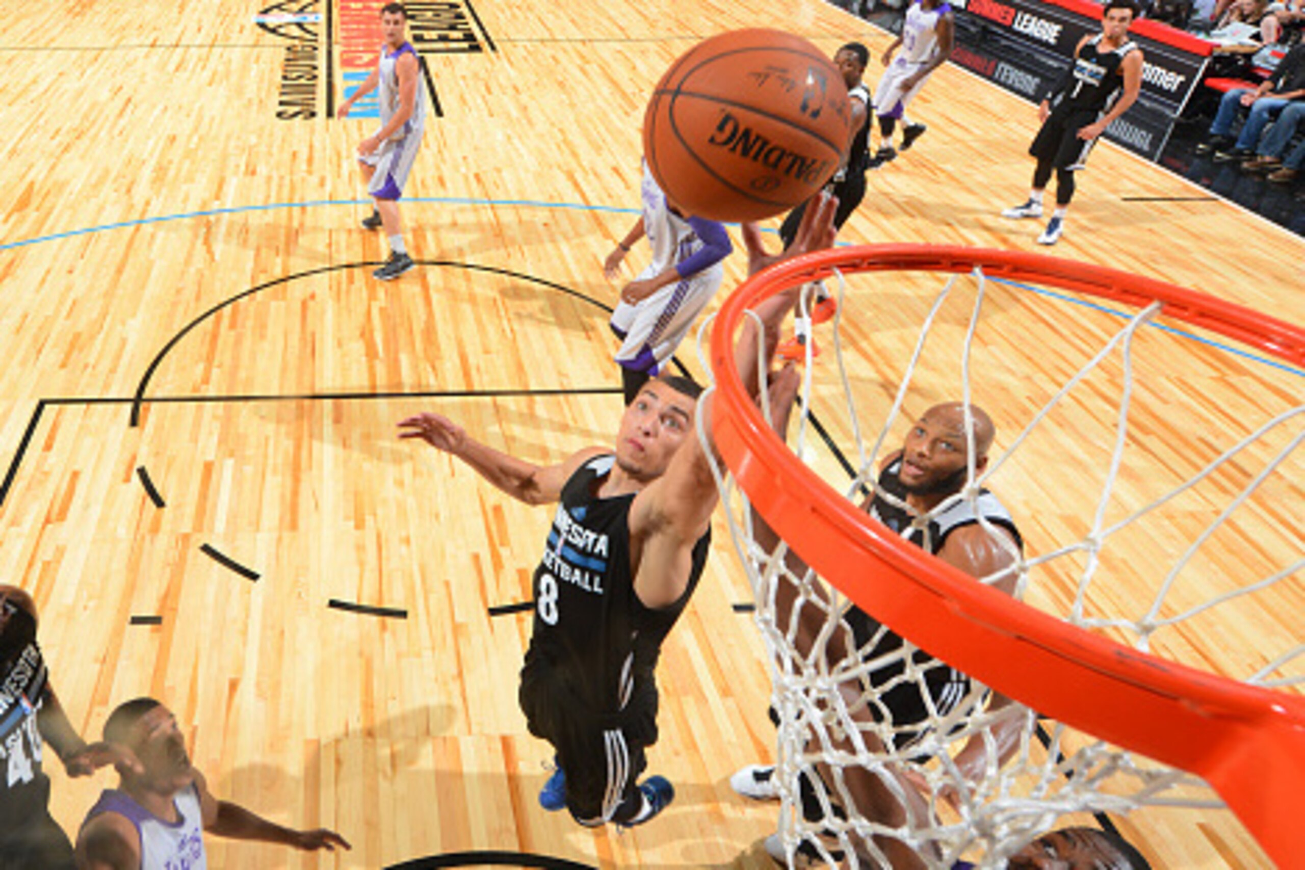 LAS VEGAS, NV - JULY 10: Zach LaVine #8 of the Minnesota Timberwolves goes for the lay up against the Los Angeles Lakers during NBA Summer League on July 10, 2012 at Cox Pavilion in Las Vegas, Nevada. NOTE TO USER: User expressly acknowledges and agrees t