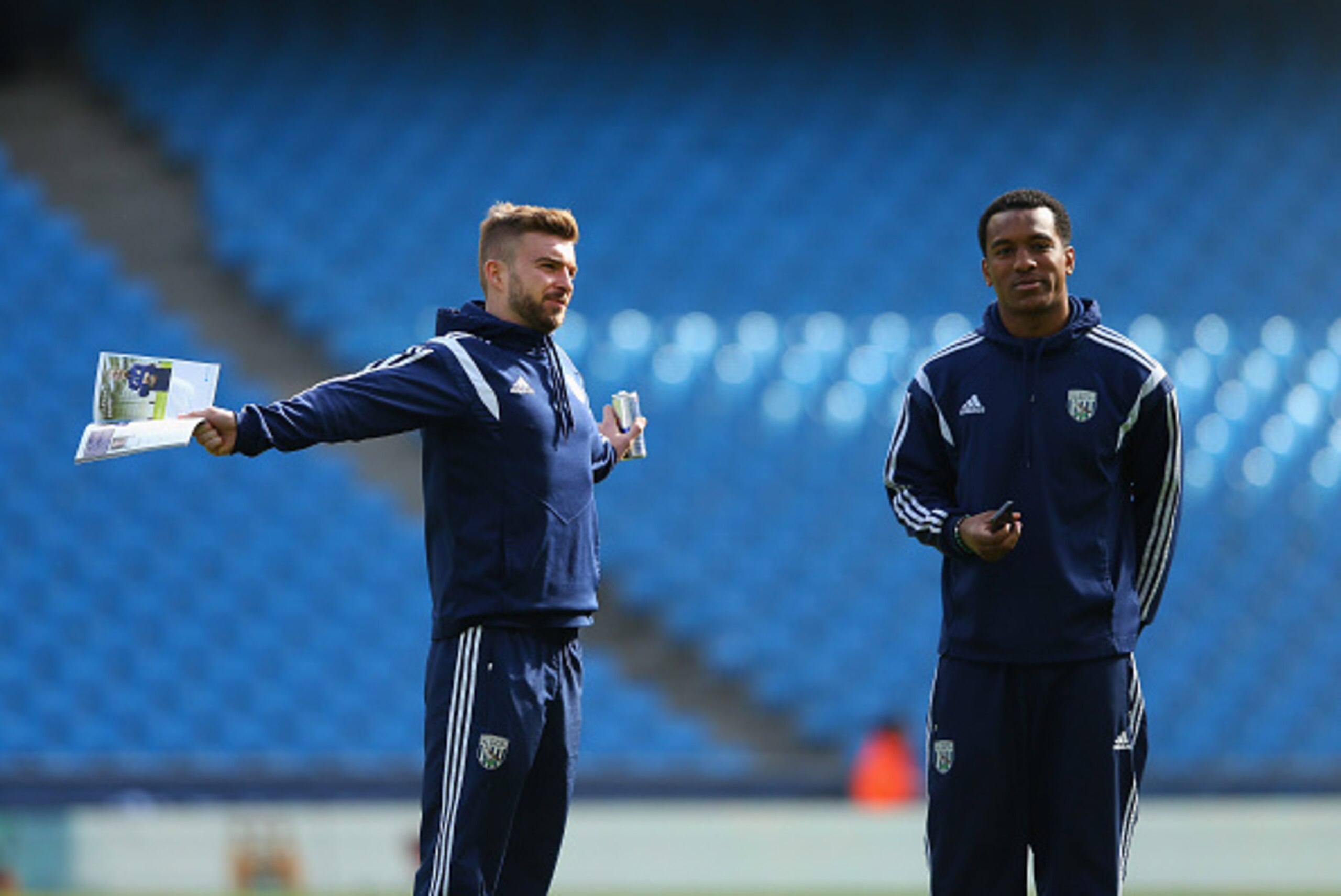 MANCHESTER, ENGLAND - MARCH 21:  James Morrison and Andre Wisdom of West Bromwich Albion look around the Etihad Stadium prior to the Barclays Premier League match between Manchester City and West Bromwich Albion at Etihad Stadium on March 21, 2015 in Manc
