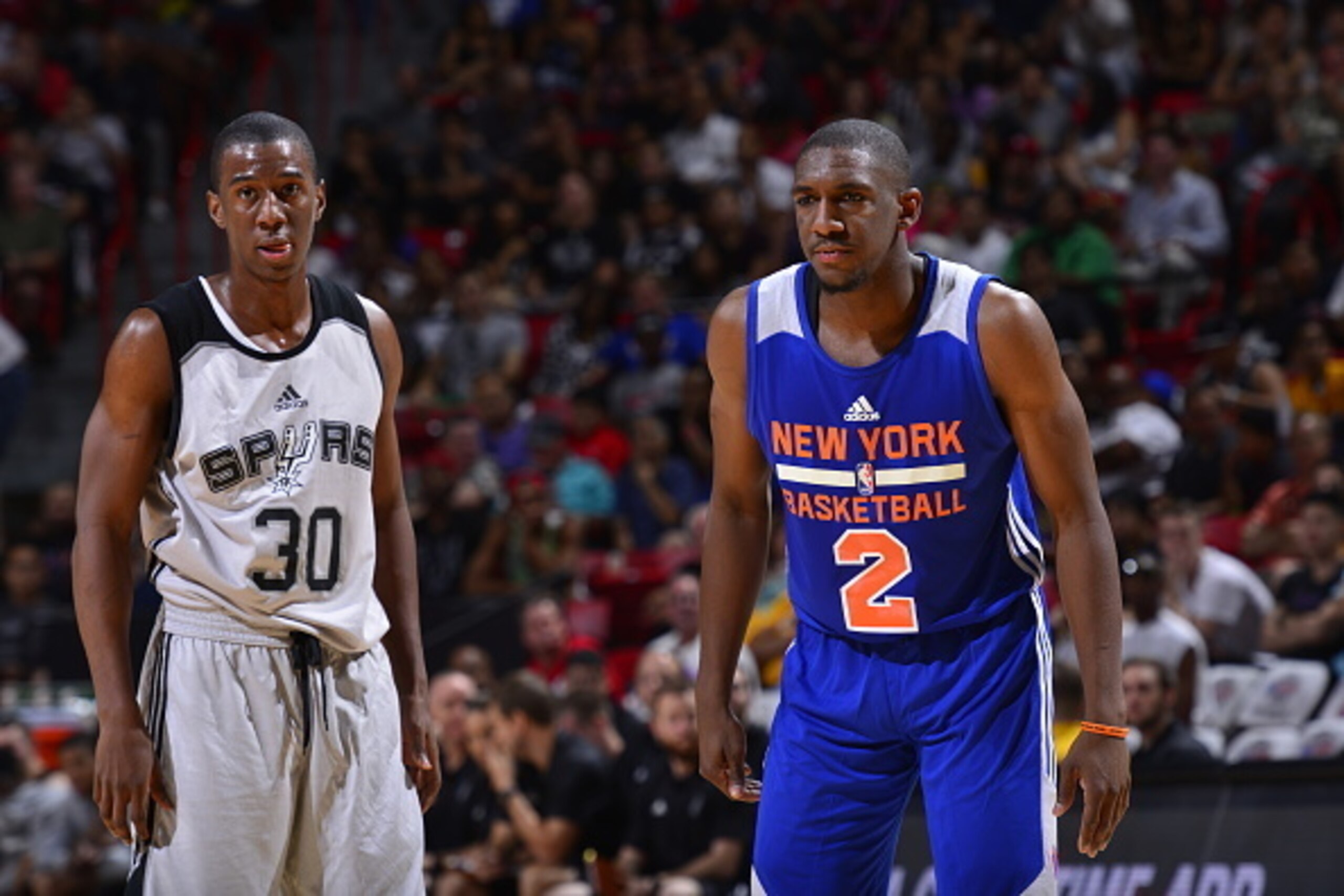 LAS VEGAS, NV - JULY 11: Shannon Scott #30 of the San Antonio Spurs and Langston Galloway #2 of the New York Knicks during the game on July 11, 2015 at Thomas And Mack Center, Las Vegas, Nevada.  NOTE TO USER: User expressly acknowledges and agrees that, 